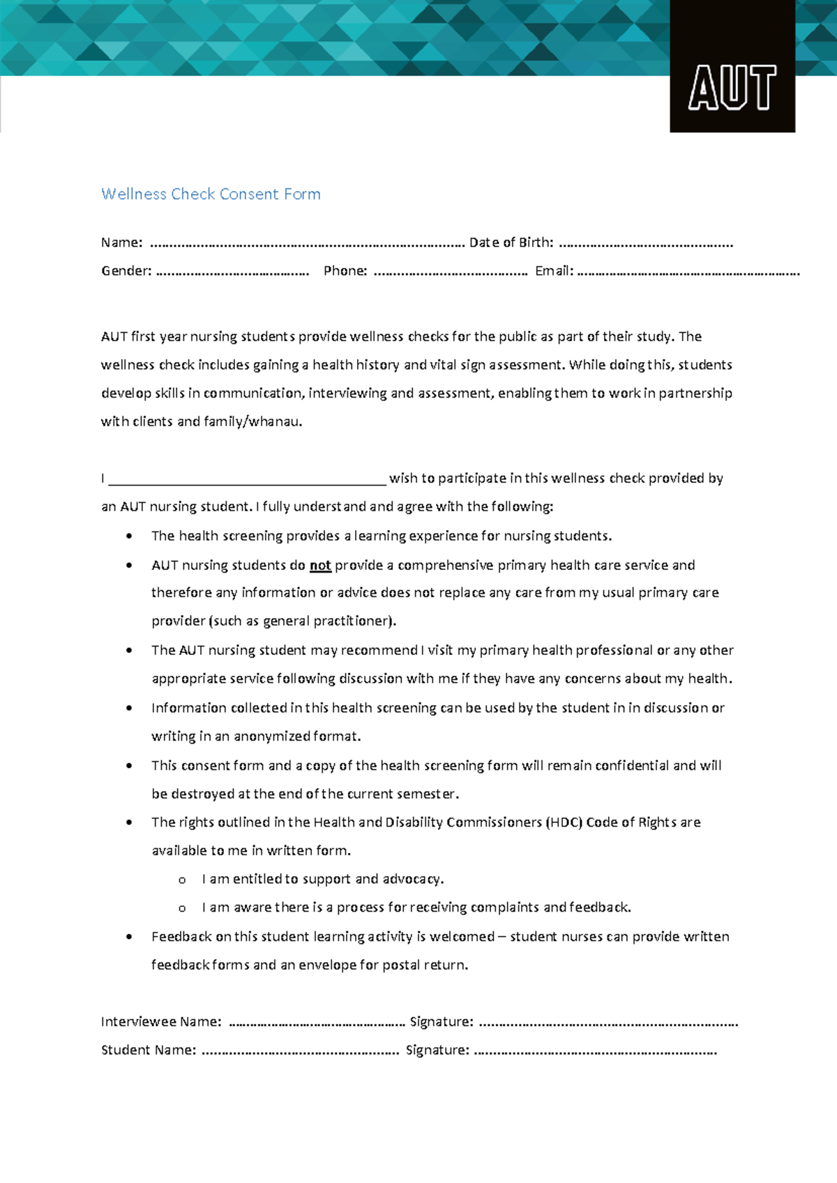 Nurs503 S2 24 Wellness Check: Consent Form for Participants - Studocu