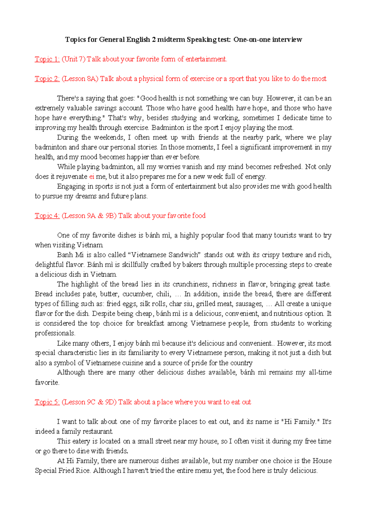 GE2 SMidterm Topic - Topics for General English 2 midterm Speaking test ...