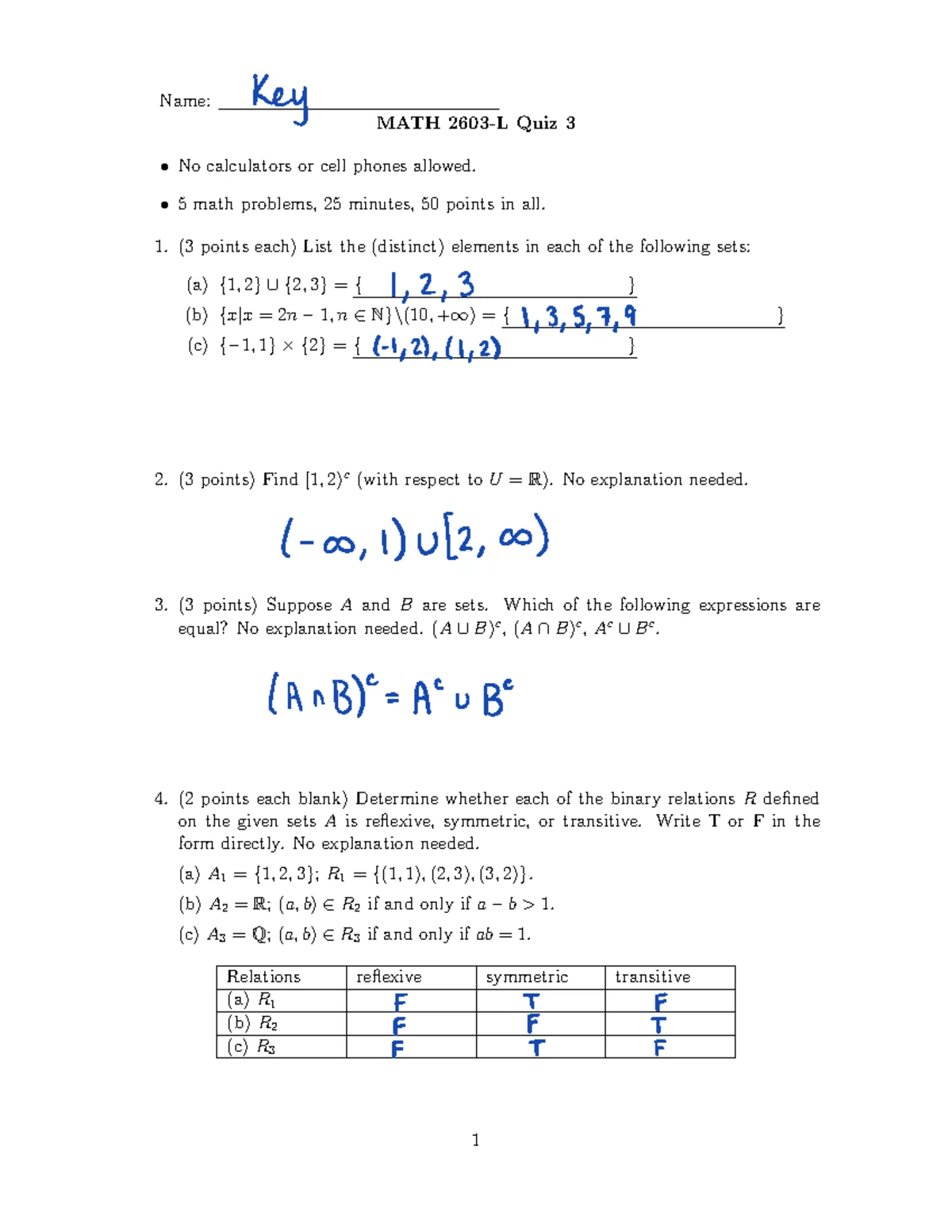 MATH 101 Quiz 2 Key: Practice Problems & Solutions (No Calculators ...