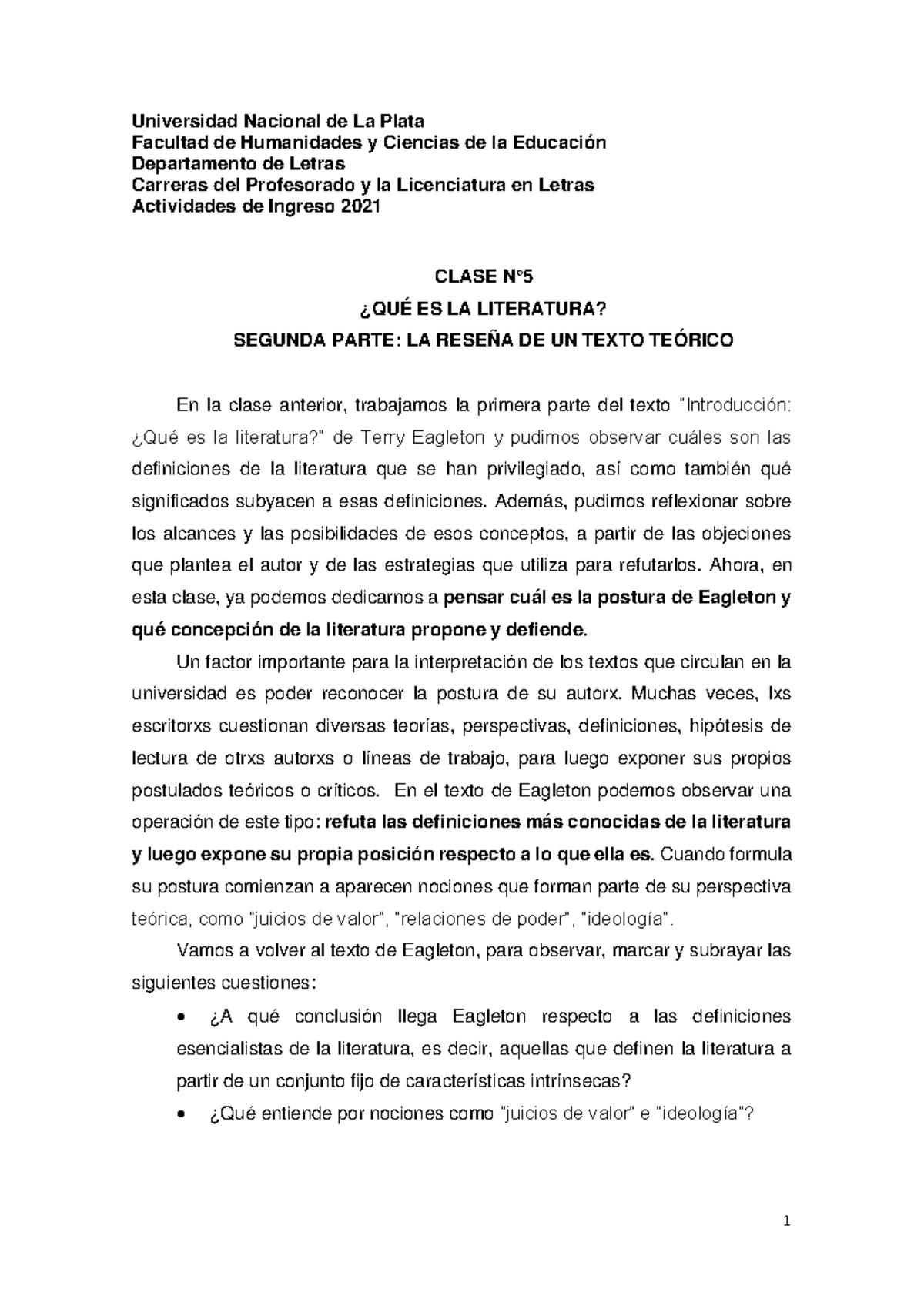 CLASE: LA LITERATURA SEGÚN TERRY EAGLETON - RESEÑA TEÓRICA 2021 - Studocu