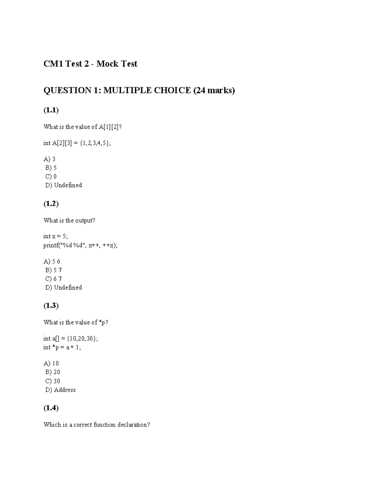 CM1 Mock Test 2 - Multiple Choice & Code Errors - Studocu