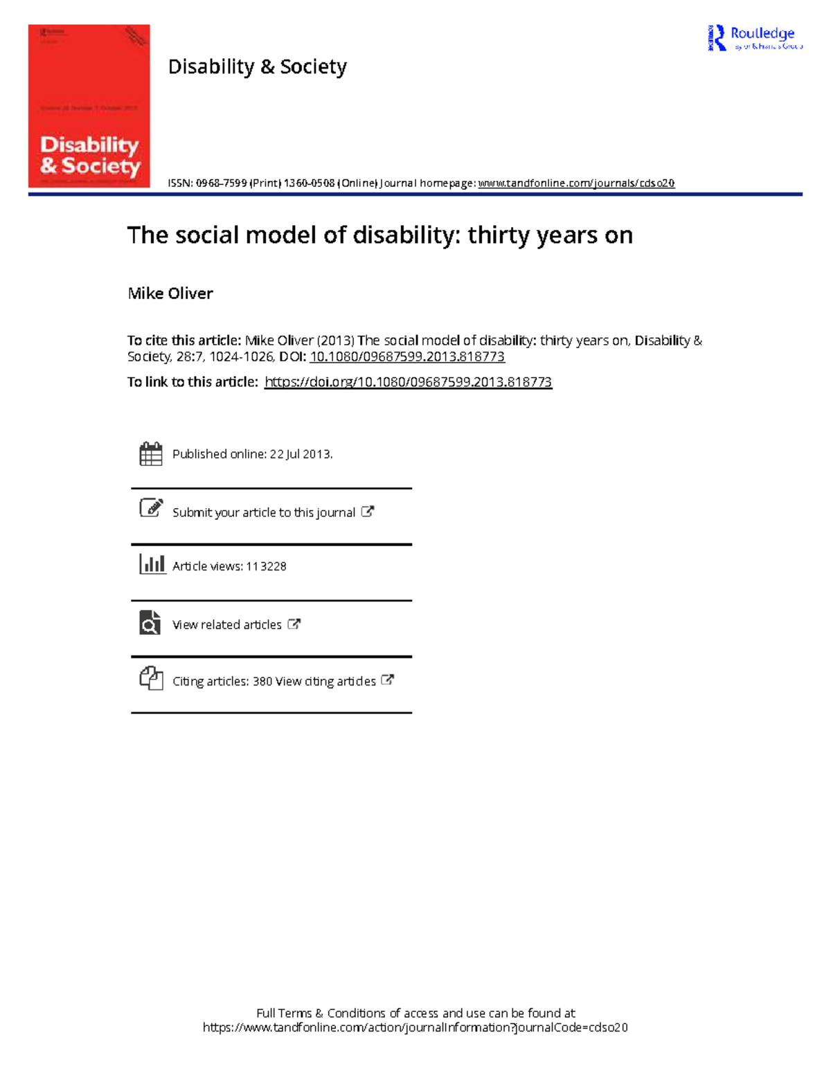 The Social Model of Disability: Reflections 30 Years Later - Studocu