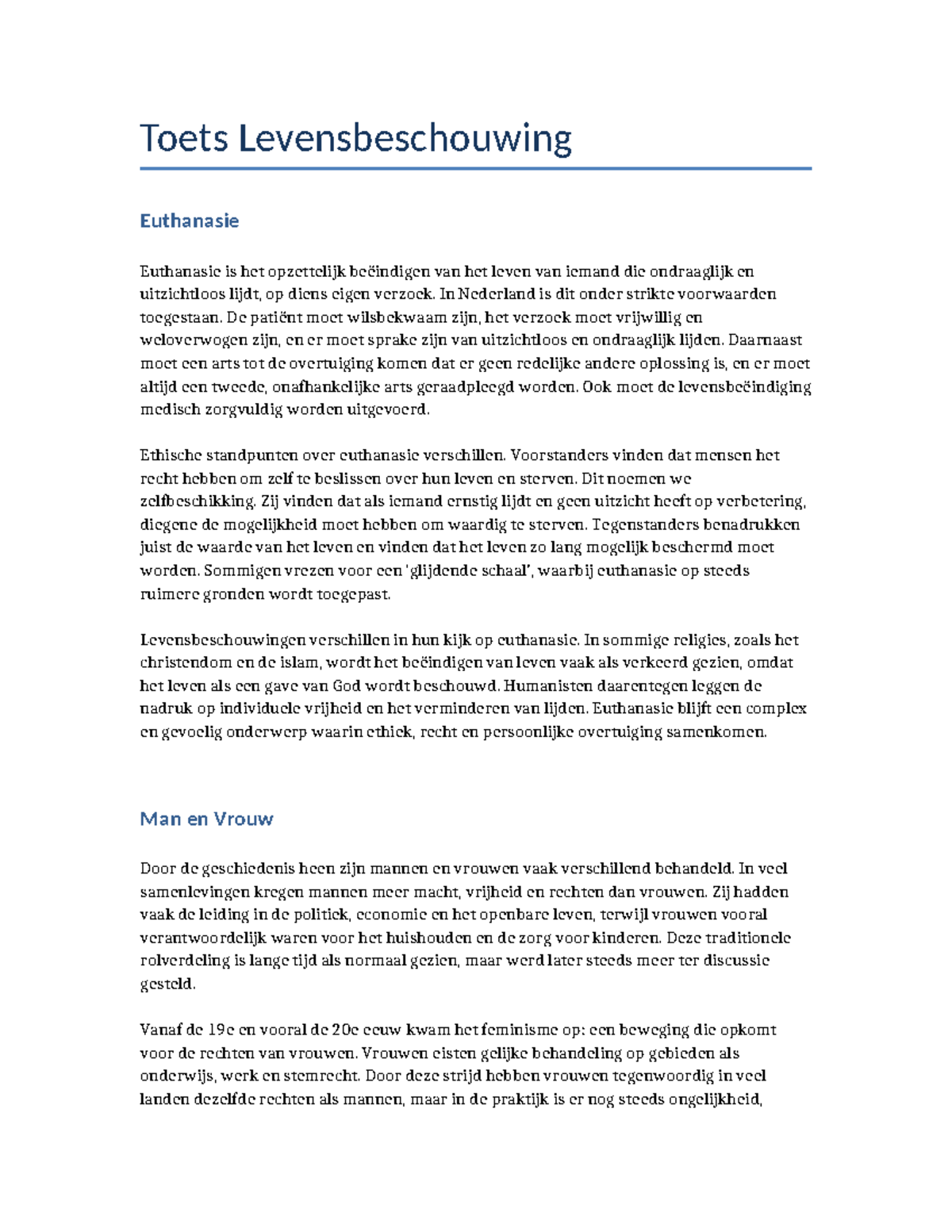 Ethiek Toets Samenvatting: Euthanasie, Gender en Doodstraf - Studeersnel