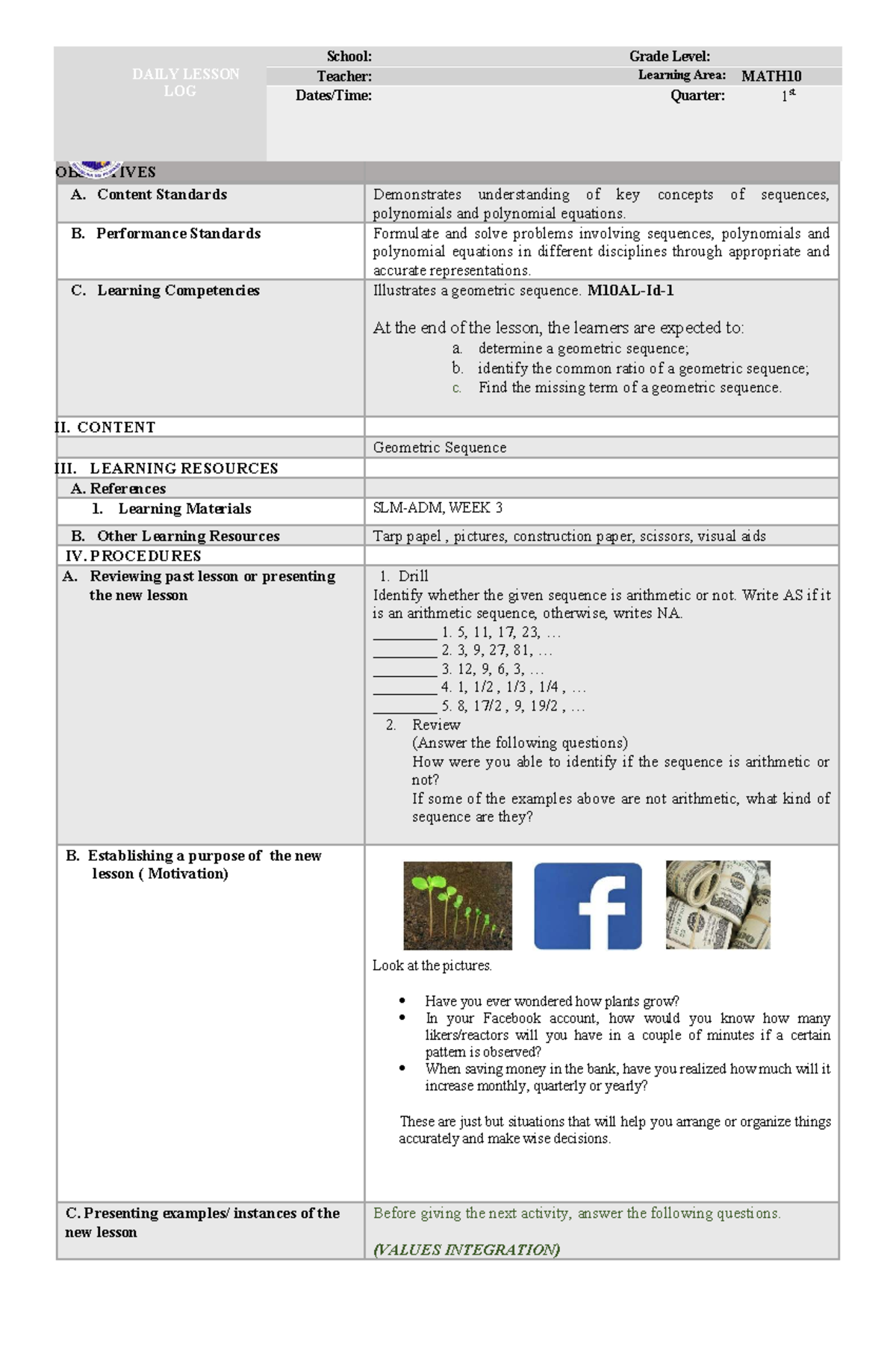 Grade 10 Math Q1 Daily Lesson Log: Geometric Sequences - Studocu