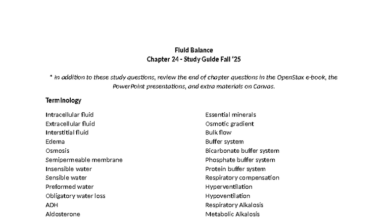 Fluid Balance Study Guide CH 24 - Fall 2023 - Studocu
