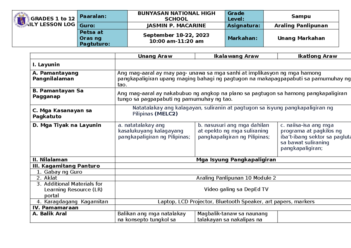 AP 10 Q1 Module 2: Daily Lesson Log for Araling Panlipunan - Studocu