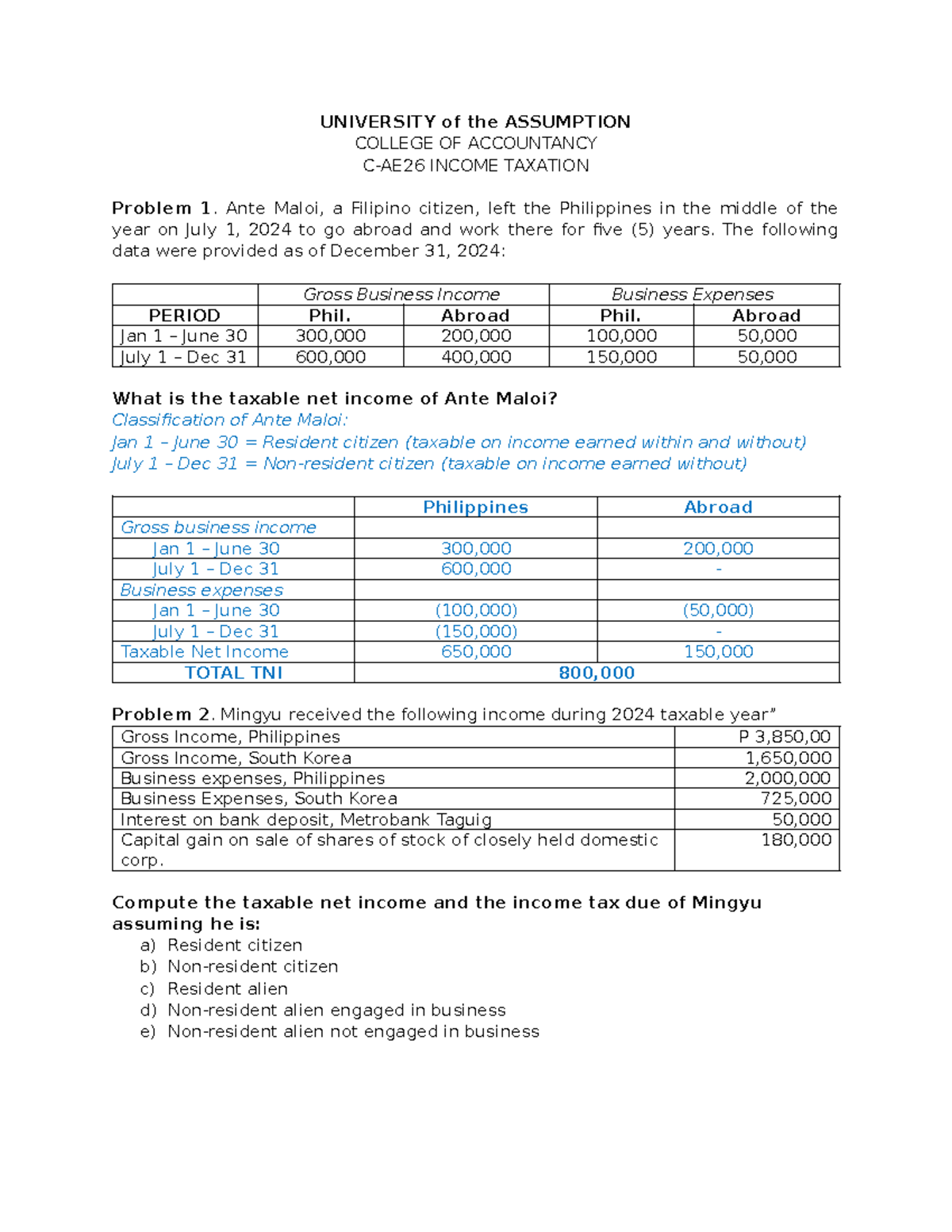Income Taxation Practice Problems (ACC 101) - Studocu