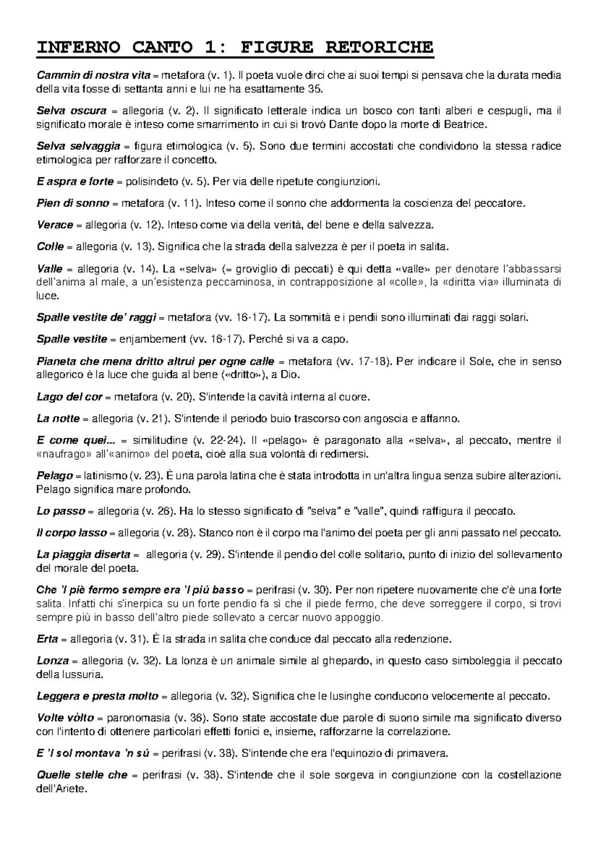 Figure Retoriche nel Canto 1 dell'Inferno (IT-101) - Studocu