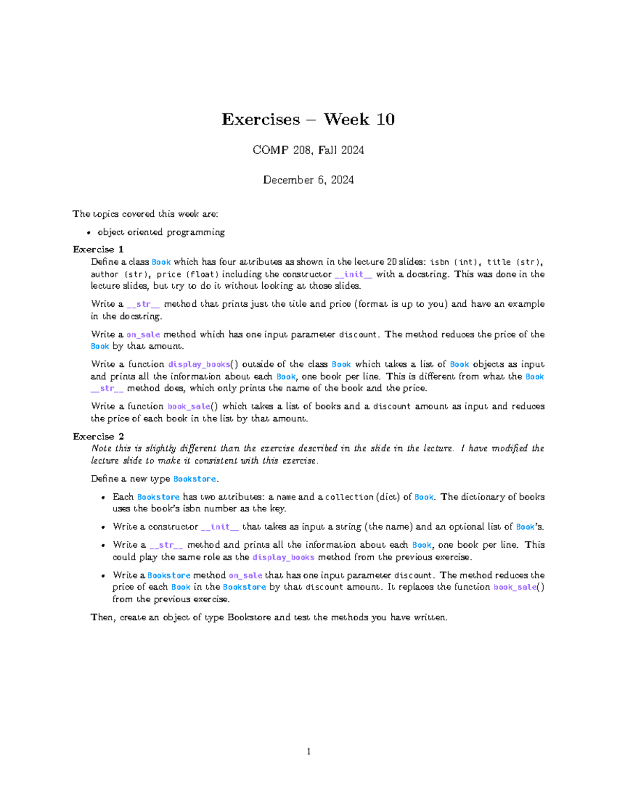 Exercises Week 10 COMP 208: OOP Concepts and Implementation - Studocu