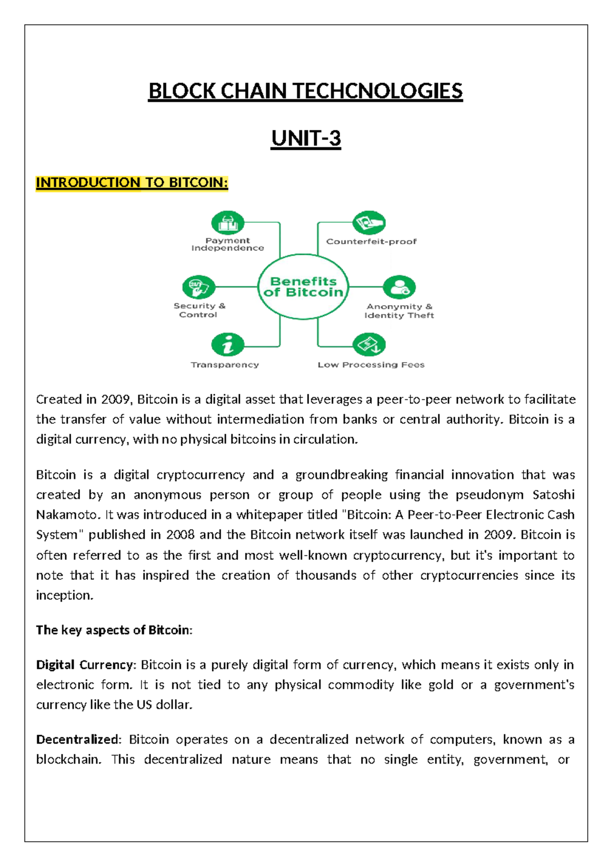 BCT U3 - Introduction to Bitcoin and Blockchain Technologies - Studocu