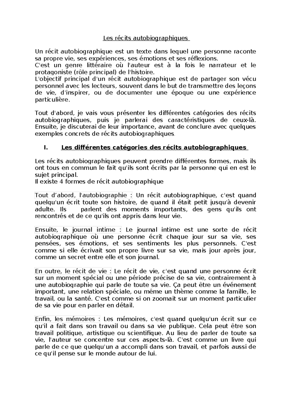 Les récits autobiographiques - Les récits autobiographiques Un récit ...