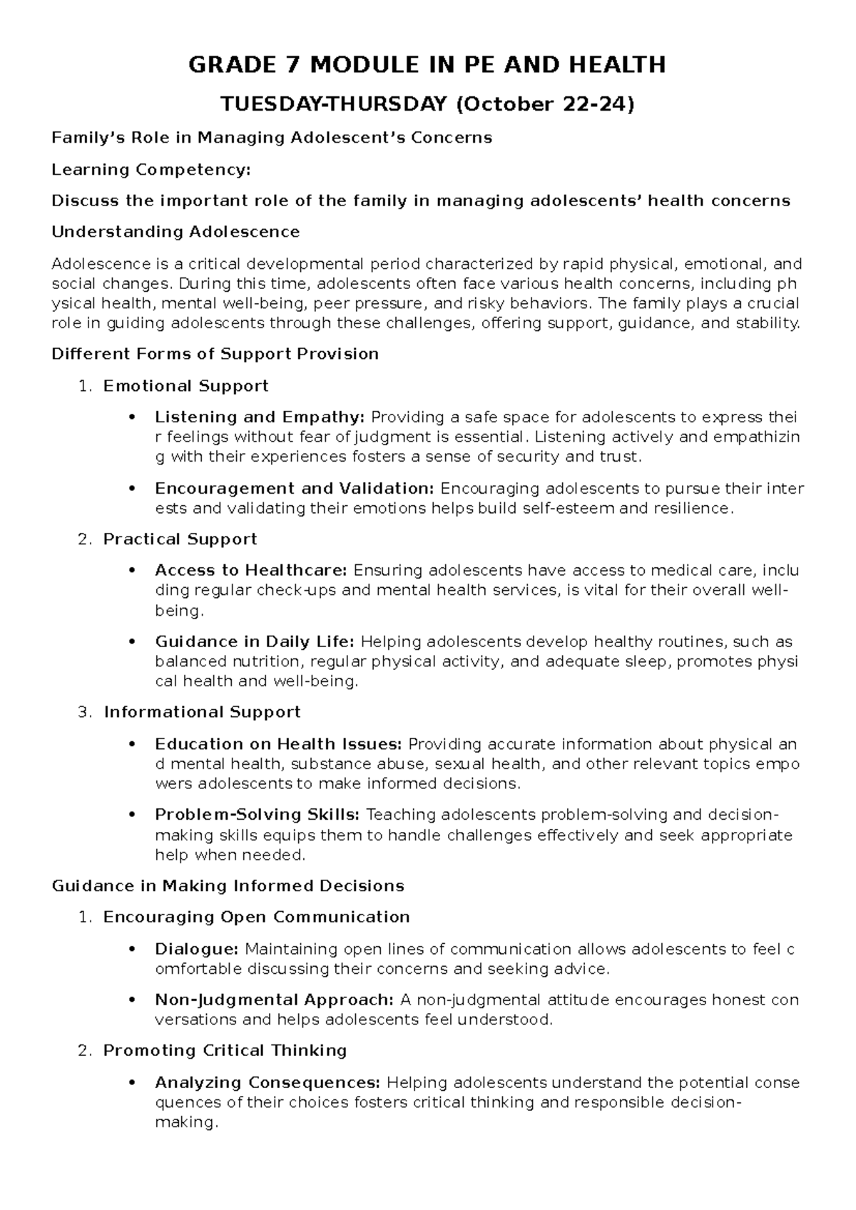 GRADE 7 PE AND HEALTH MODULE: Family's Role in Adolescent Wellbeing ...