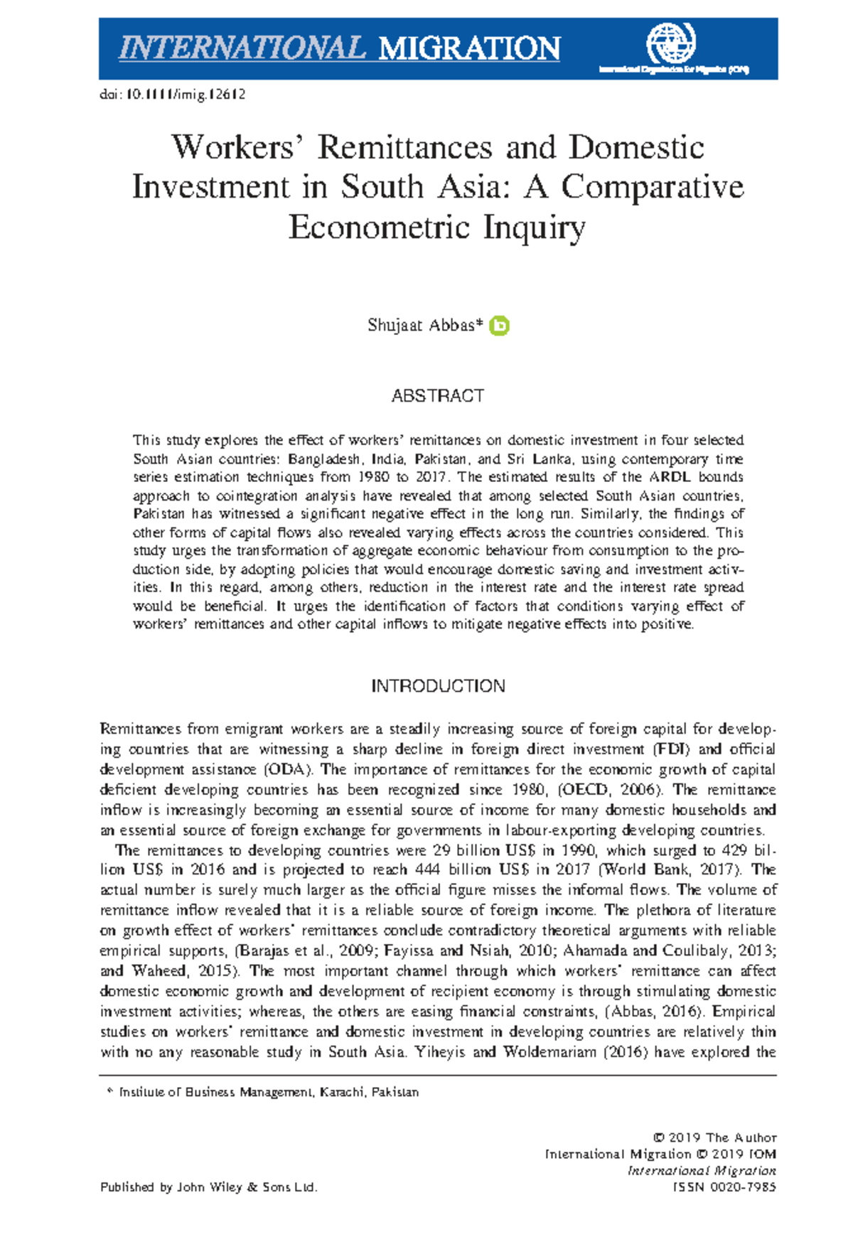 Remittances and Domestic Investment in South Asia: An Econometric Study ...