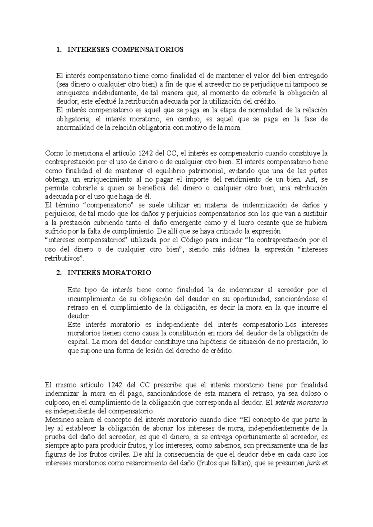 Intereses Compensatorios y Moratorios: Conceptos Clave en CC 1242-1243 ...