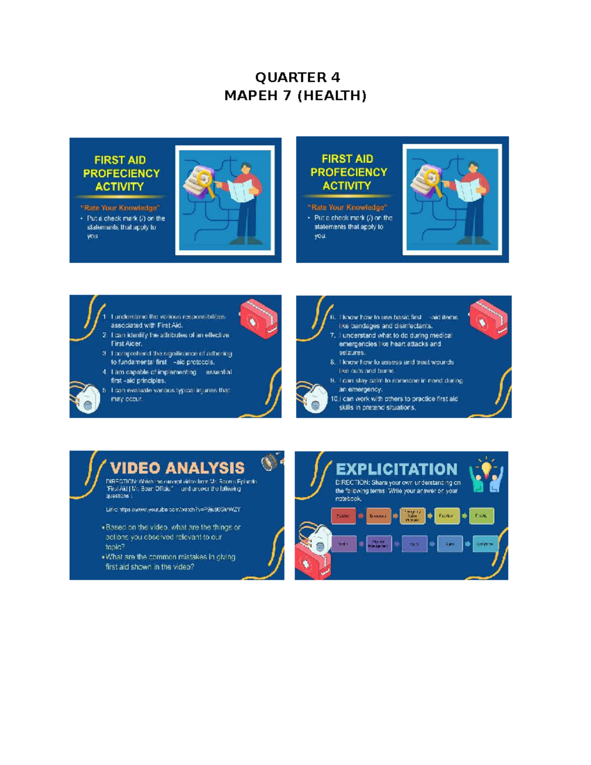 Quarter 4 MAPEH 7 (Health) First Aid Proficiency Activity - Studocu