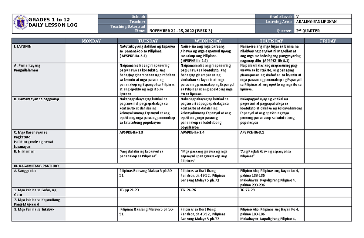 DLL Araling Panlipunan 5 Q2 W3 - GRADES 1 to 12 DAILY LESSON LOG School ...