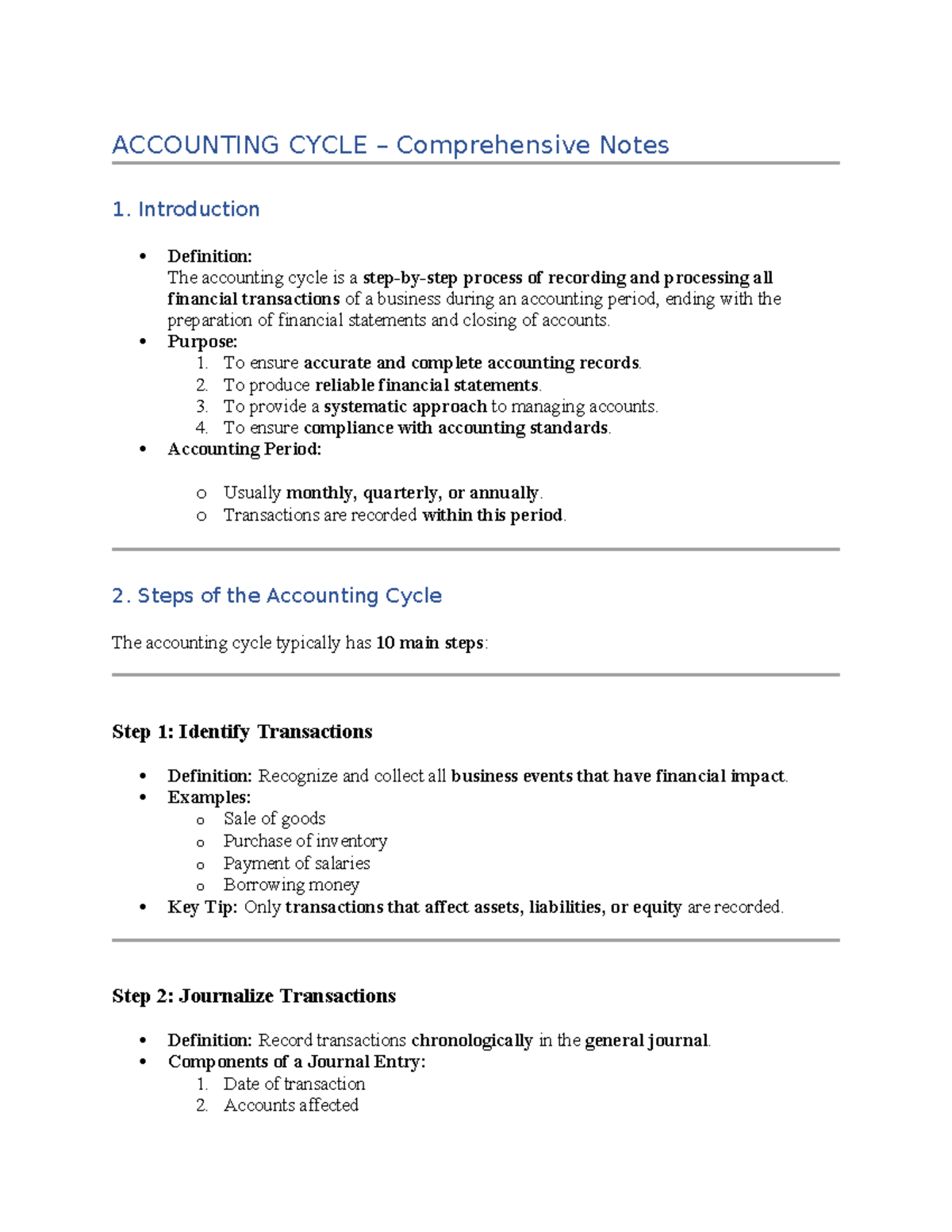 ACCOUNTING CYCLE Comprehensive Notes: Steps & Key Concepts - Studocu
