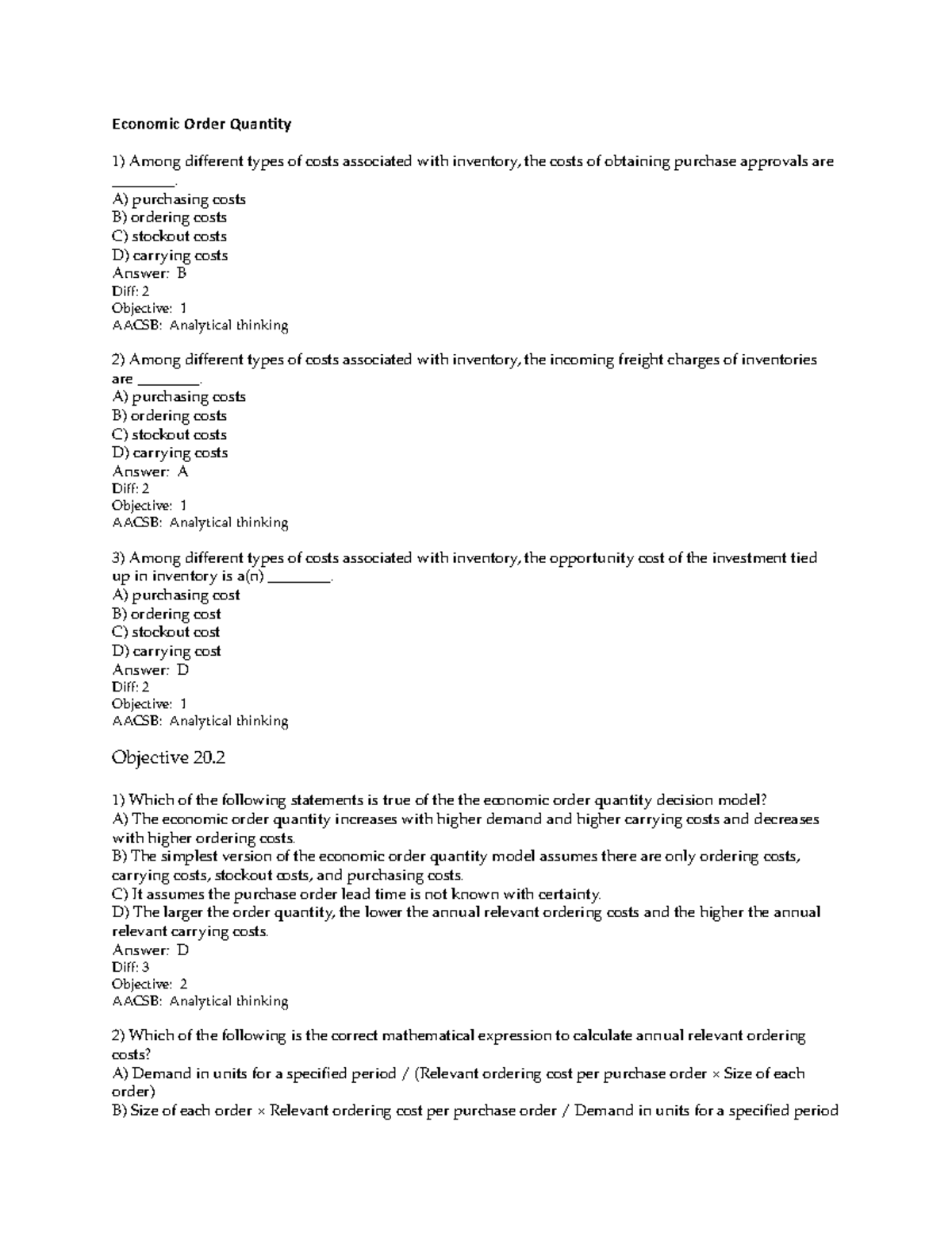 EOQ Practice Questions and Answers - Chapter 4 - Studocu