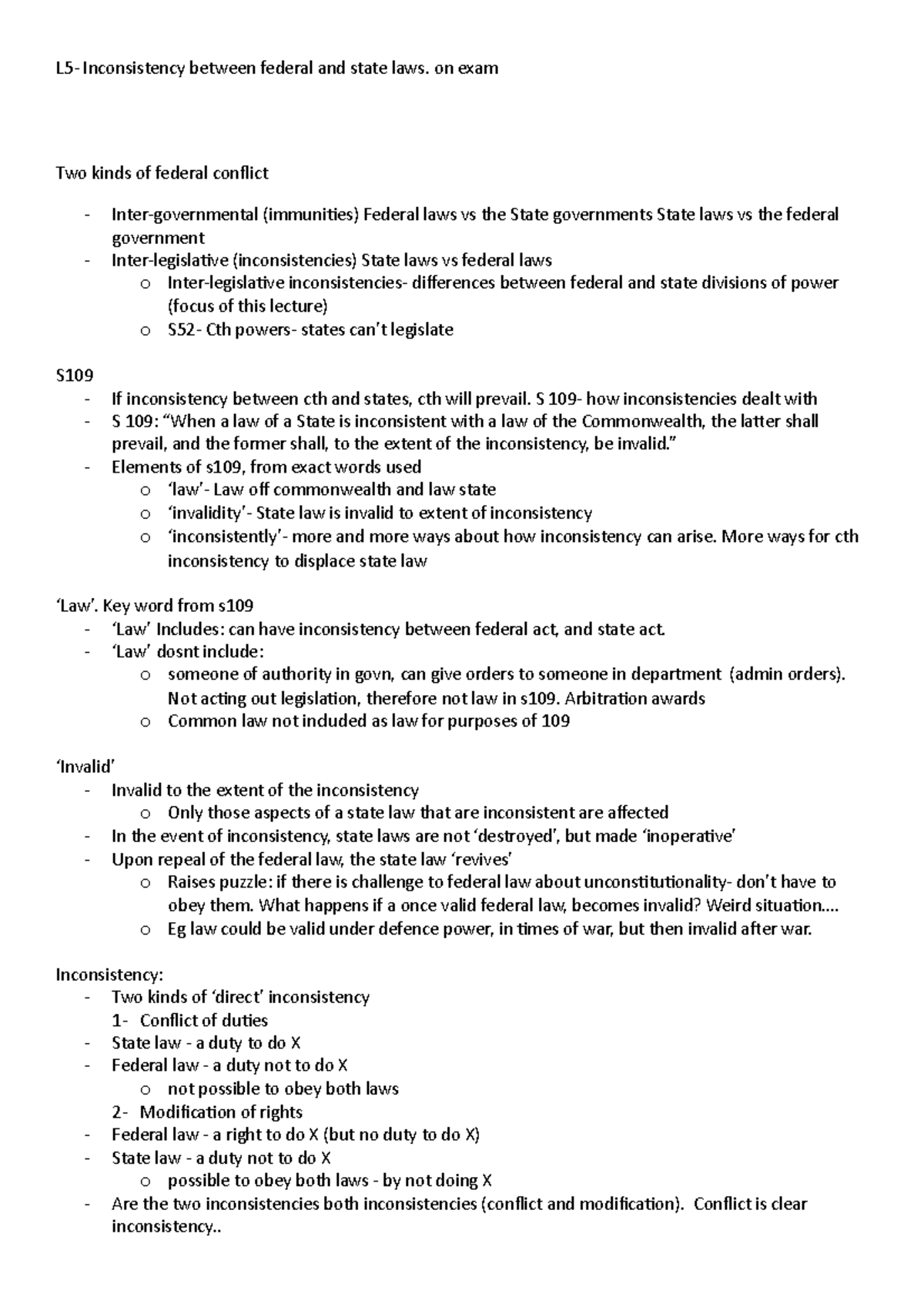 L5 notes - Lecture note L5 - Inconsistency between federal and state ...