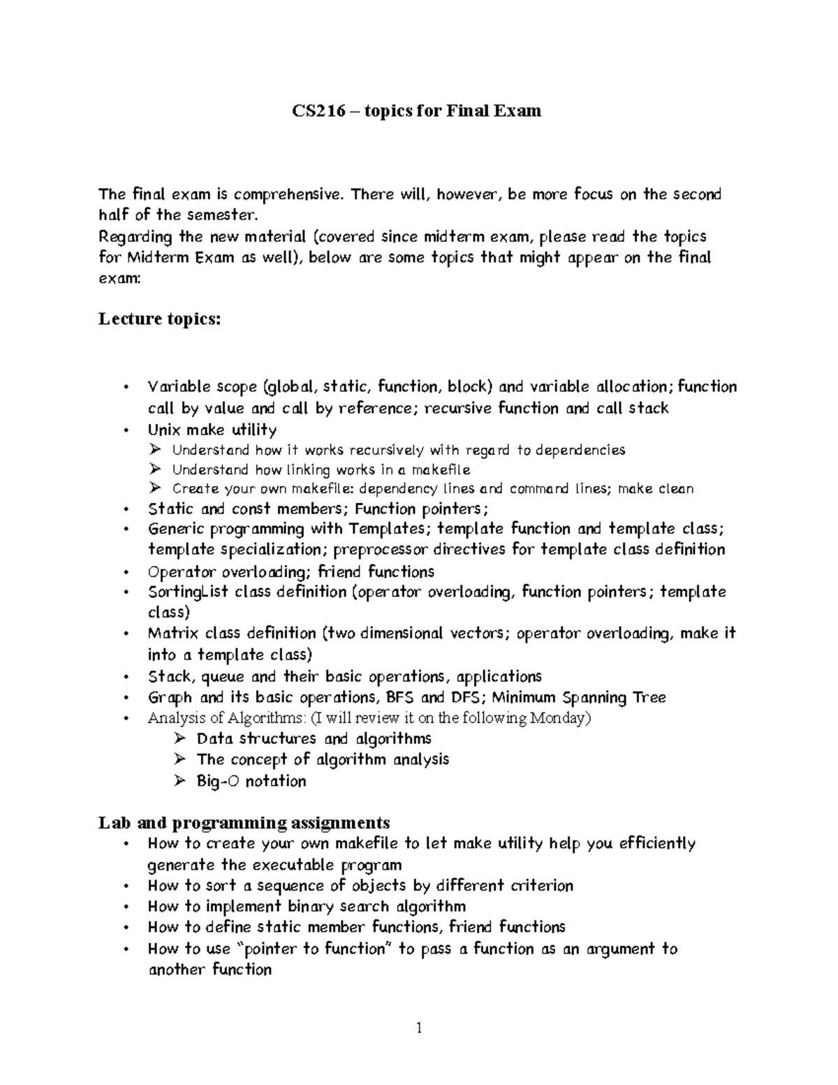CS216 Final Exam Comprehensive Review Topics and Practice Questions ...