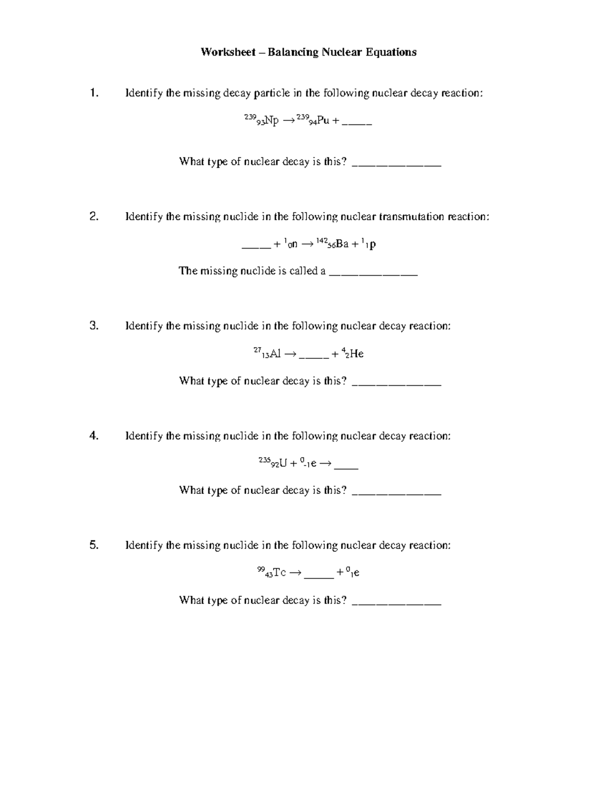 ##$Chapter 20 Worksheet 1: Balancing Nuclear Reactions and Key - Studocu