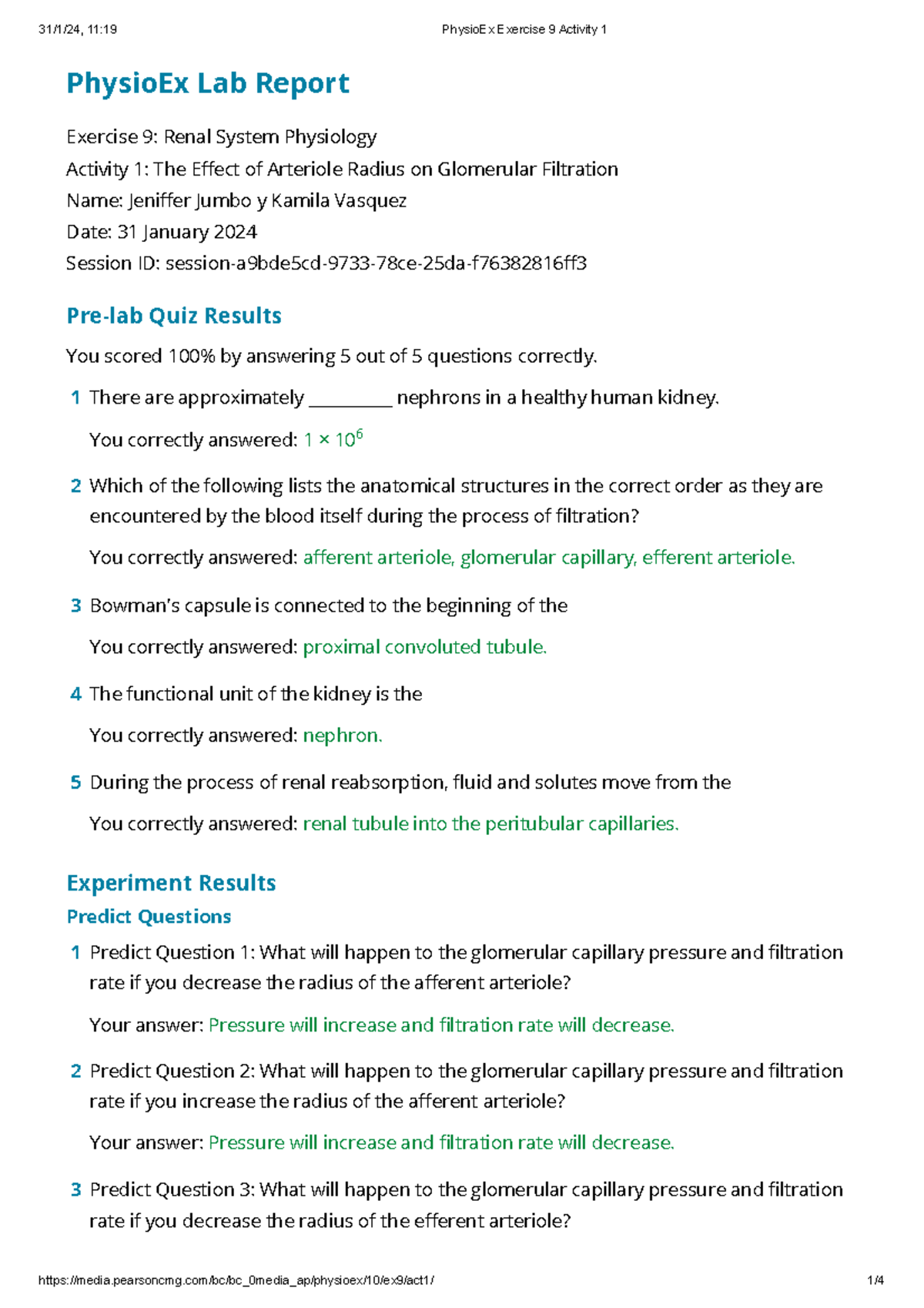PhysioEx 11:19 Lab Report - Exercise 9: Renal System Physiology - Studocu