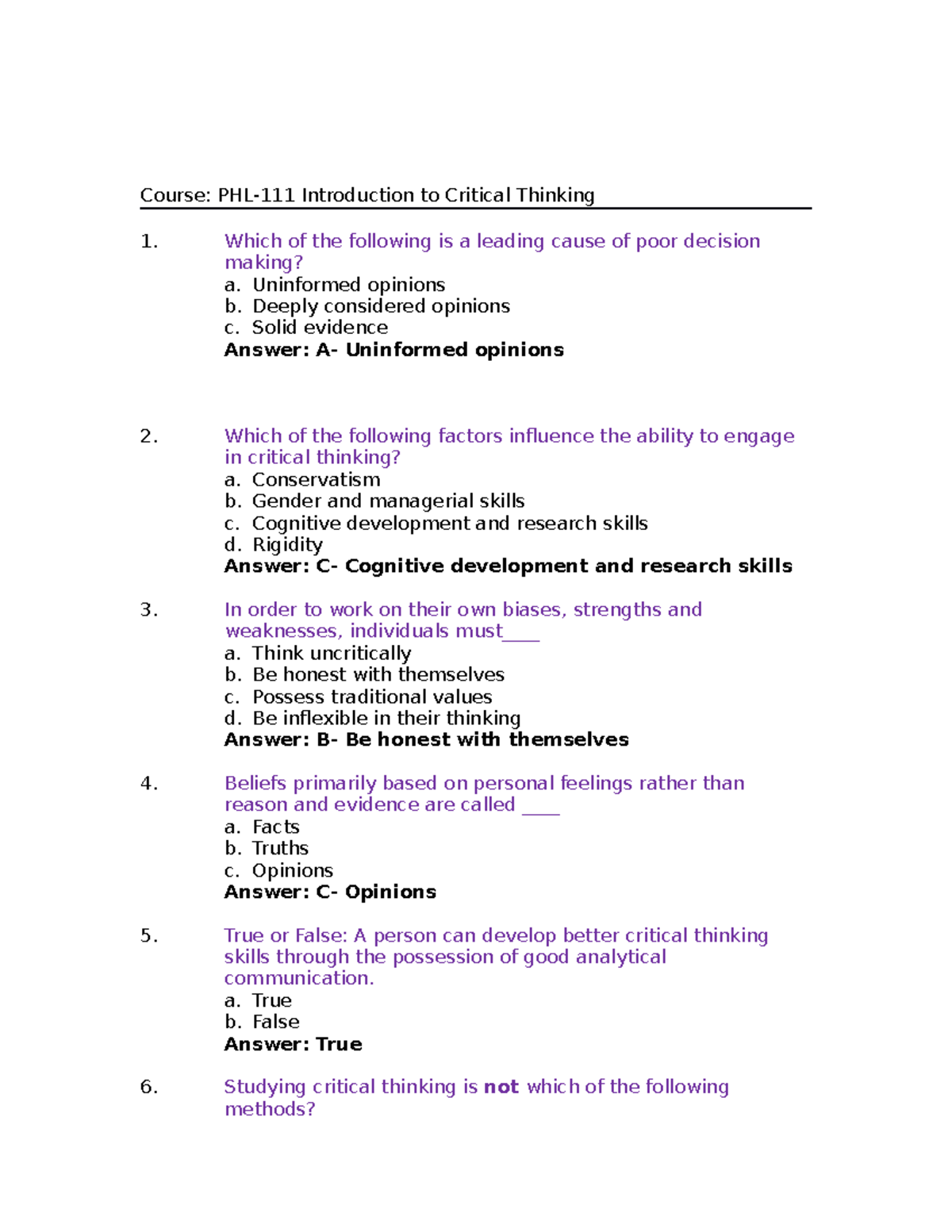 PHL 111 Chapter 1 Study Guide on Critical Thinking Skills - Studocu