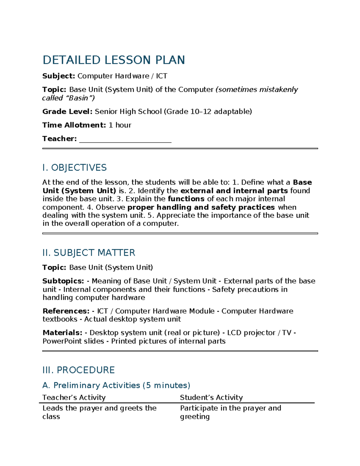 Detailed Lesson Plan: Base Unit (System Unit) - ICT for SHS - Studocu