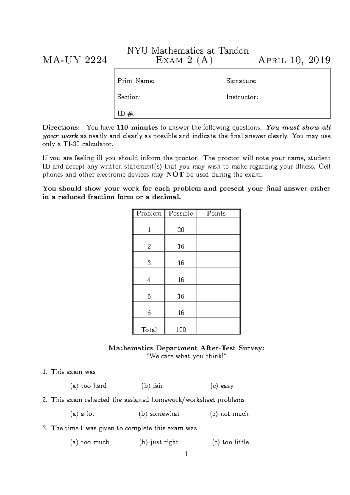 MA-UY 2224 Practice Set Exam 2 - Mathematics Department - Studocu