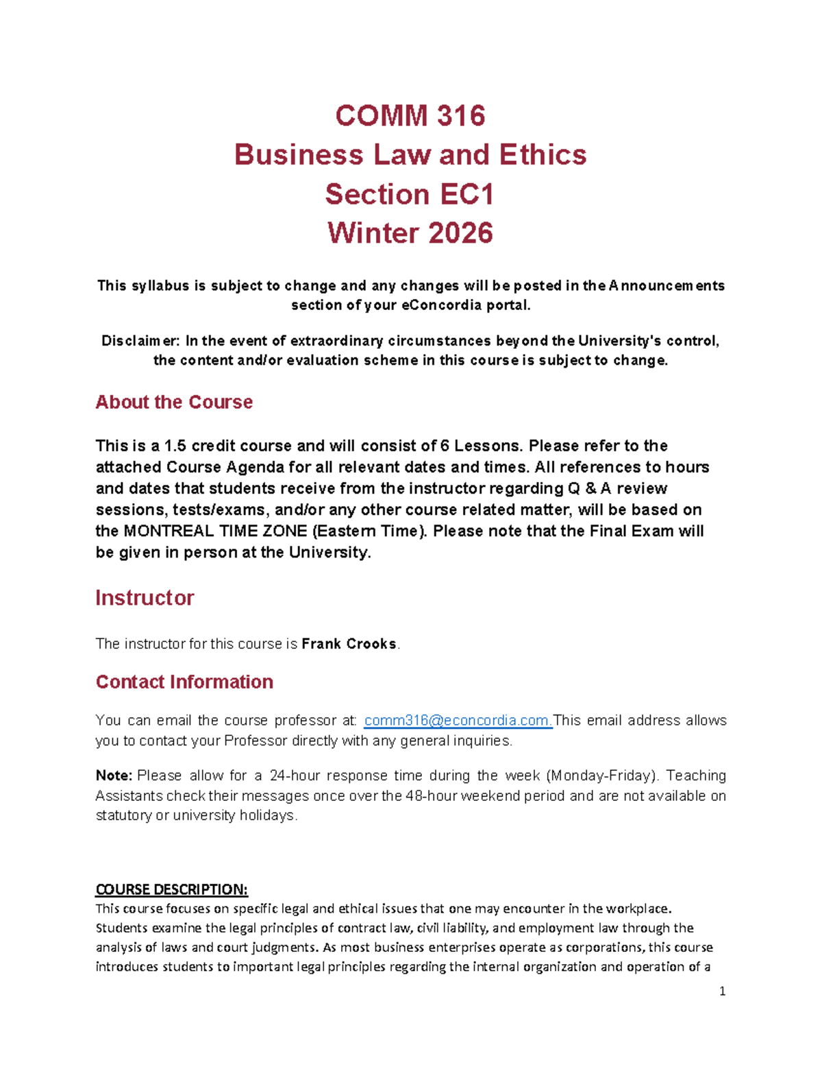 COMM 316 EC1 Business Law & Ethics Syllabus Winter 2026 - Studocu