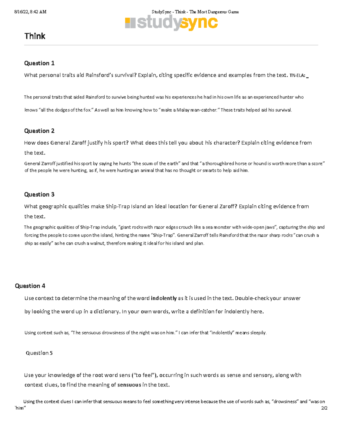Think Questionsmmmmm - 8/16/22, 8:42 AM StudySync - Think - The Most ...