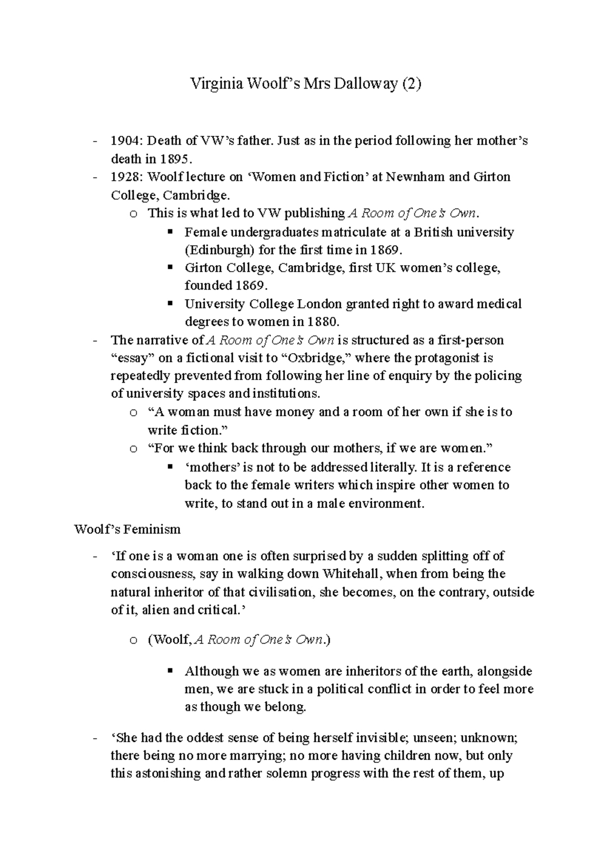 Virginia Woolf - Mrs Dalloway Lecture Notes (ENG 201) - Studocu
