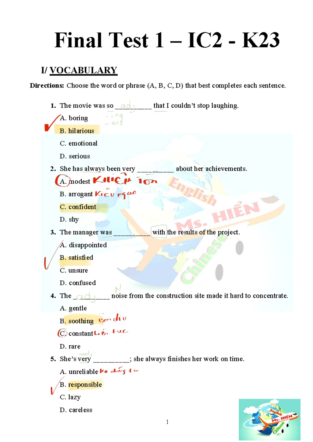 Final Test 1 - IC2 K23 Vocabulary & Comprehension Questions - Studocu