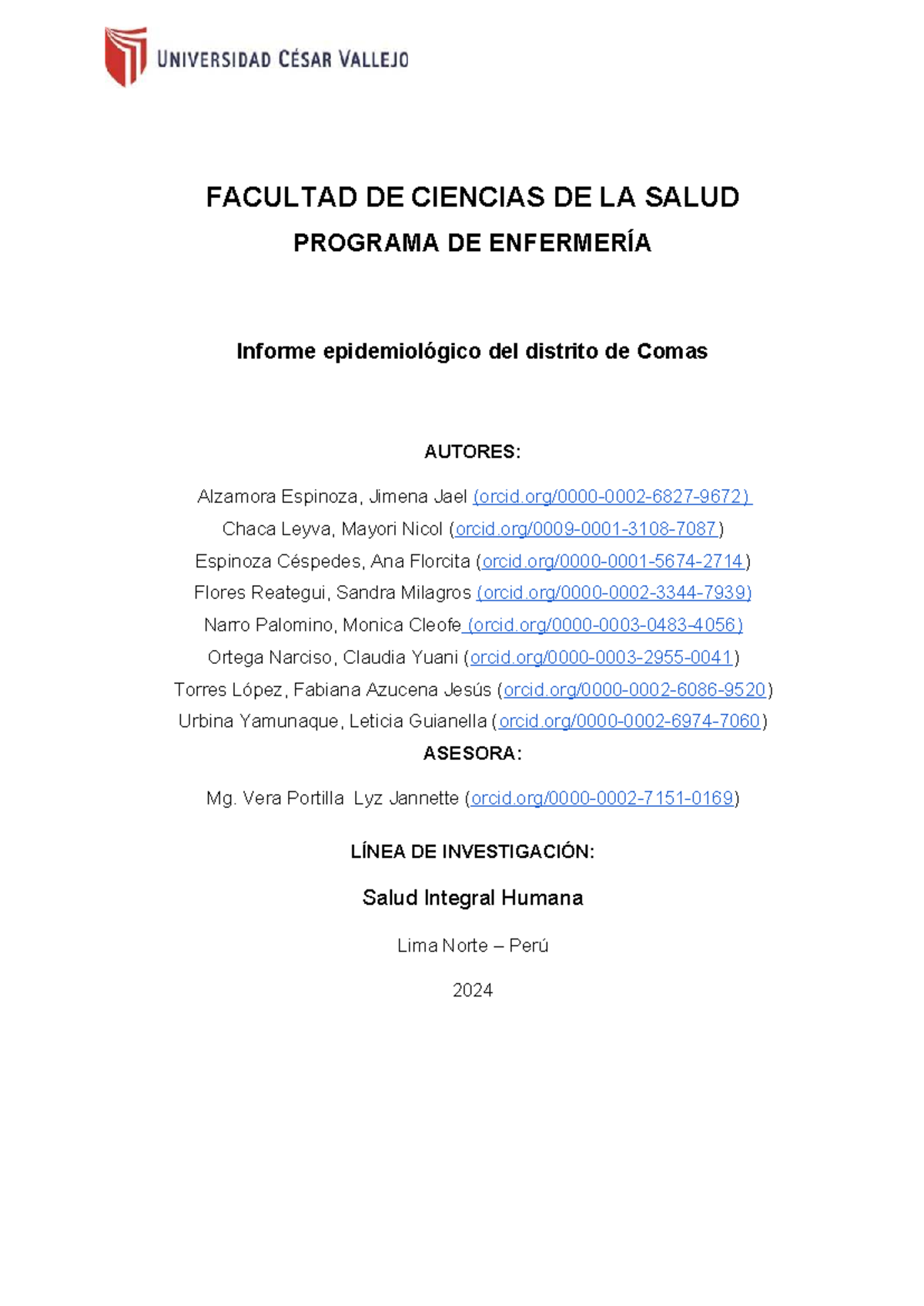 Informe Epidemiológico del Distrito de Comas - Salud Integral 2024 - Document Preview
