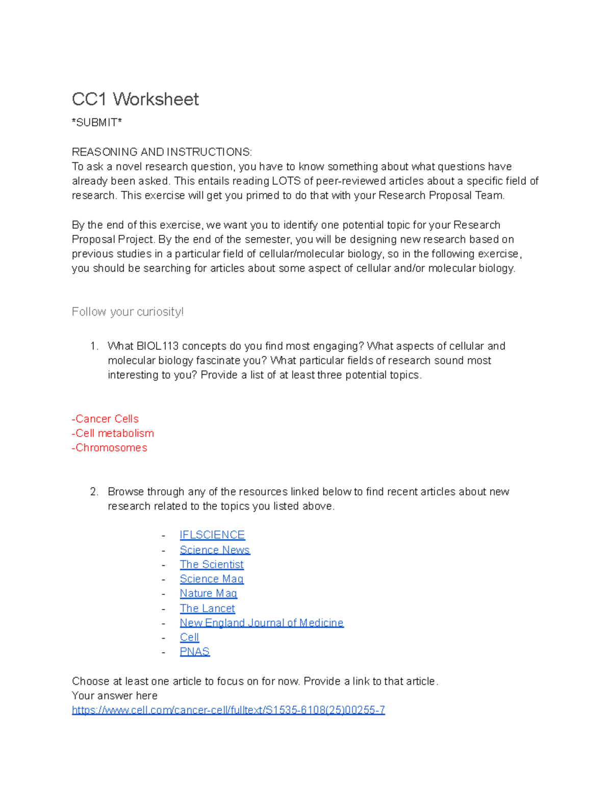 BIOL113 Research Proposal Topic Exploration Worksheet - Studocu