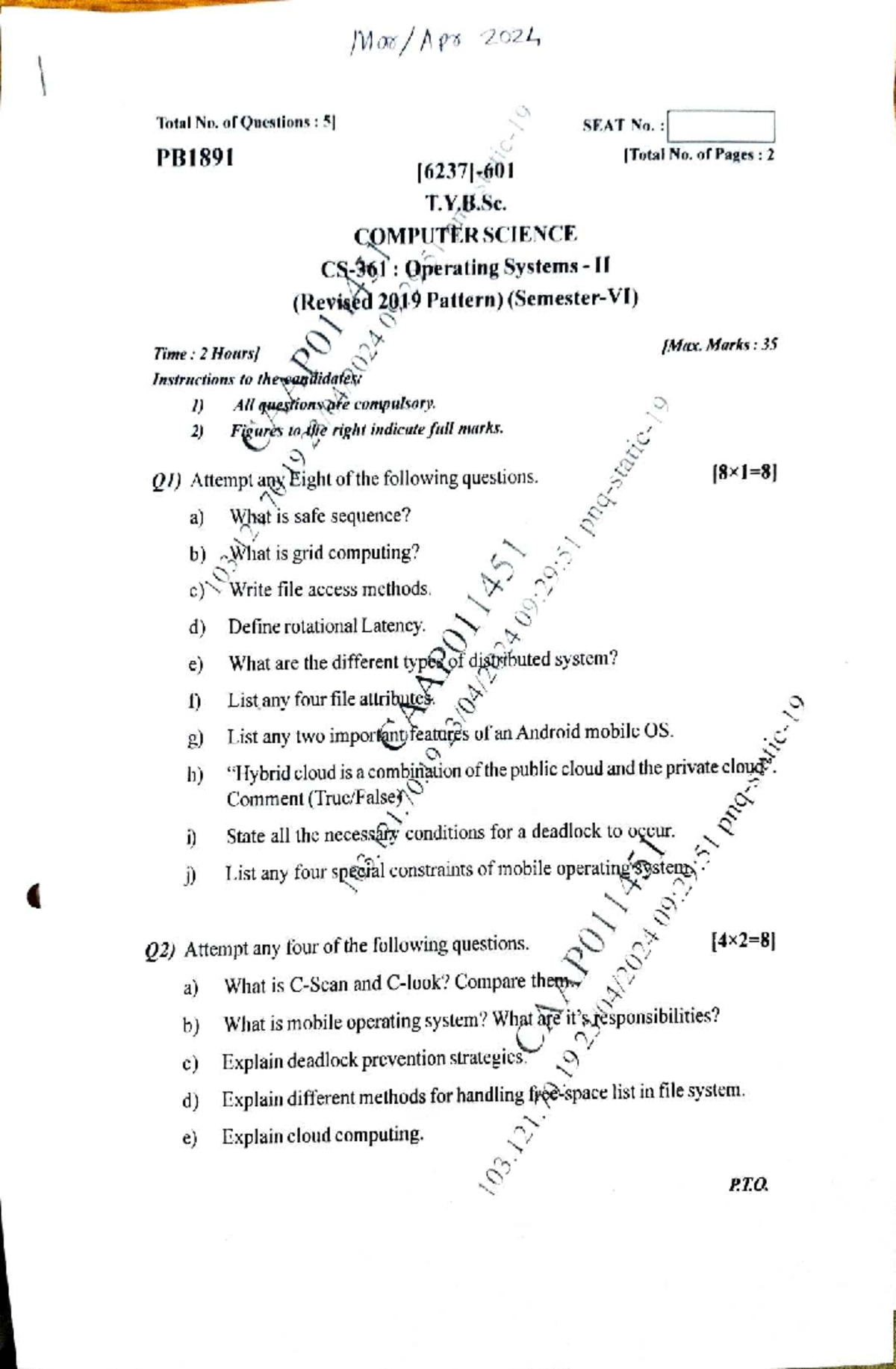 Operating Systems-II Midterm Exam PB1891 - April 2019 - Studocu
