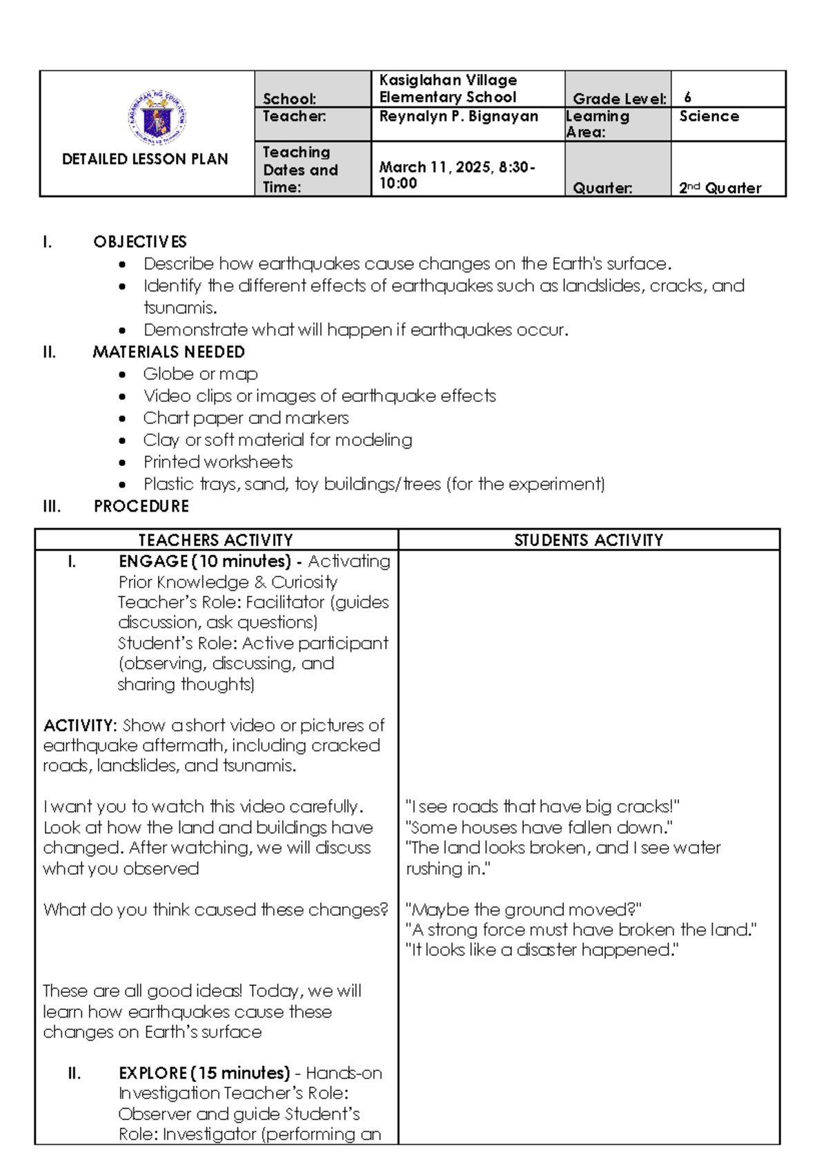 DETAILED LESSON PLAN: Earthquake Effects - Grade 6 Science - Studocu