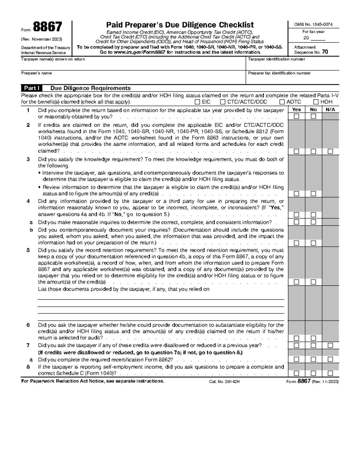 F8867 - Preparer's Due Diligence Checklist for Tax Credits - Studocu
