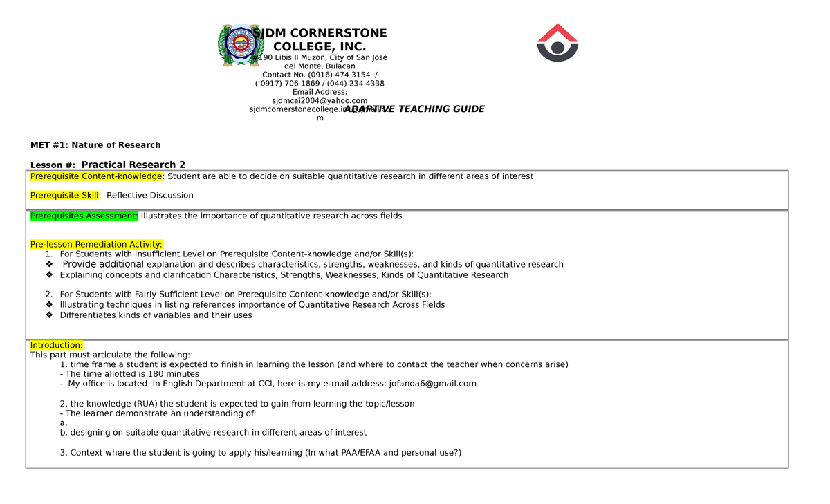 Final Exam Guide: ADAPTIVE TEACHING for Practical Research 2 - Studocu