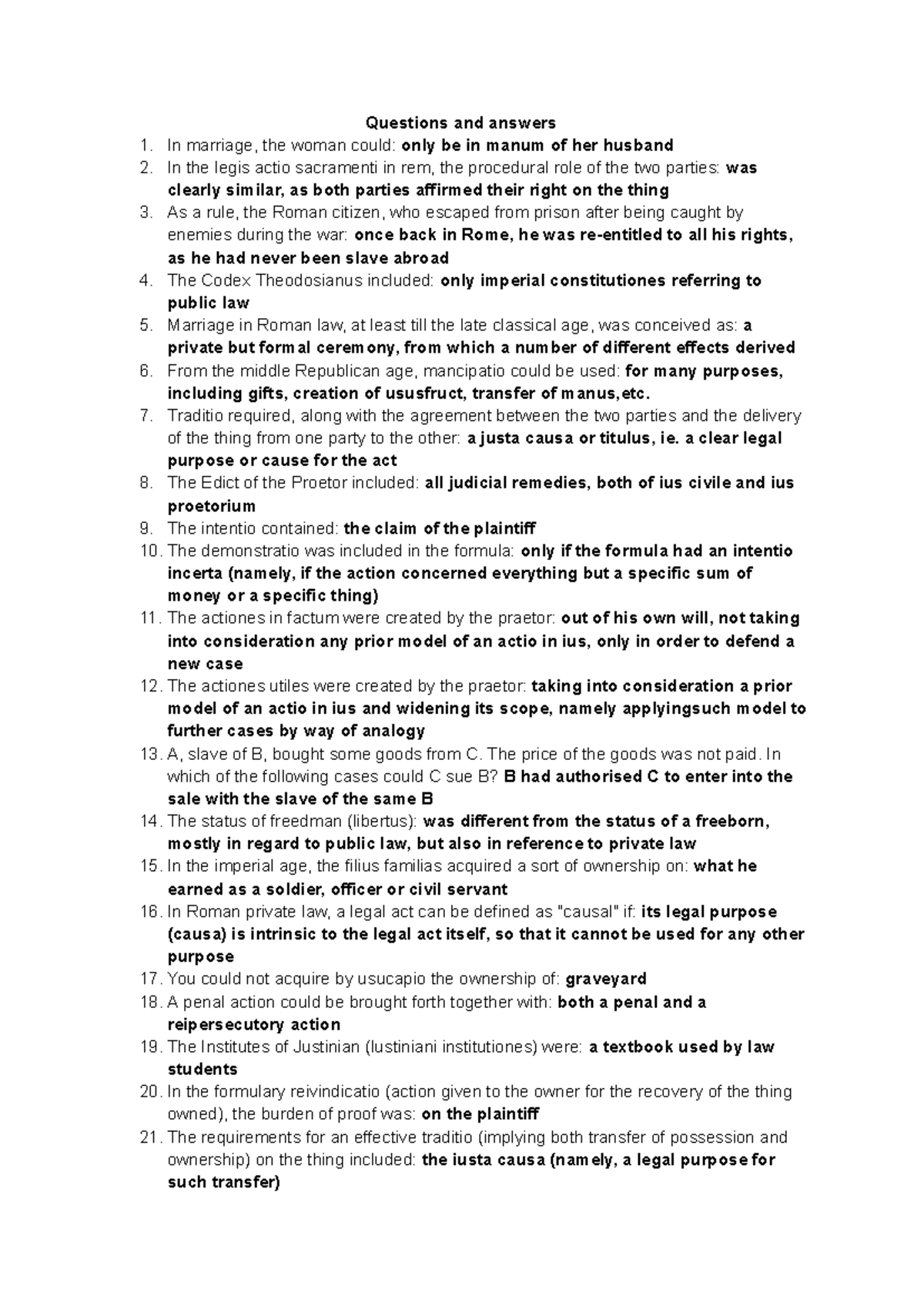 Questions and Answers - Prep. Esami Roman Law Exam - Studocu