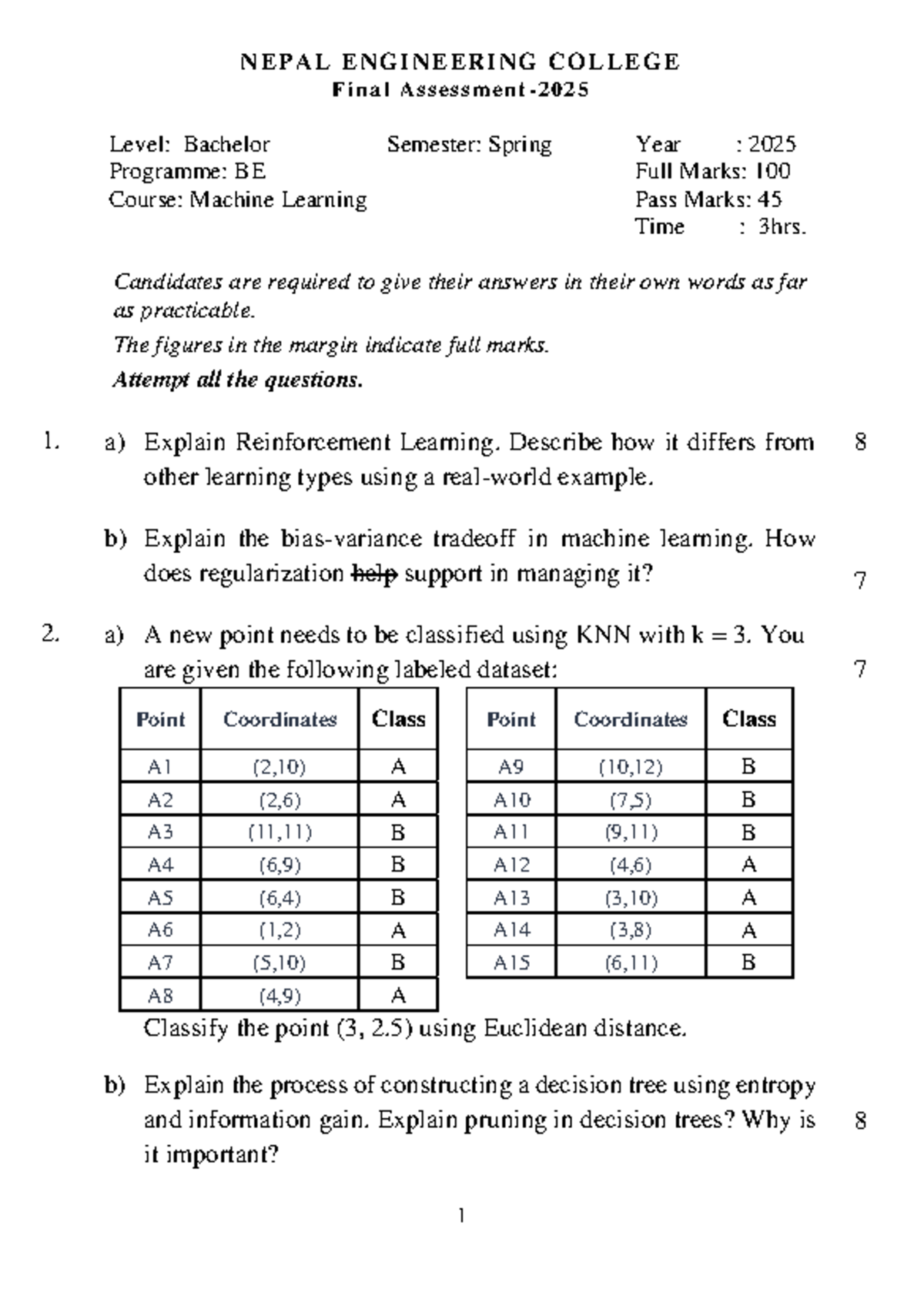 ML Pre-Board Exam - NEPAL ENG COLLEGE - BE 2025 Spring - Studocu