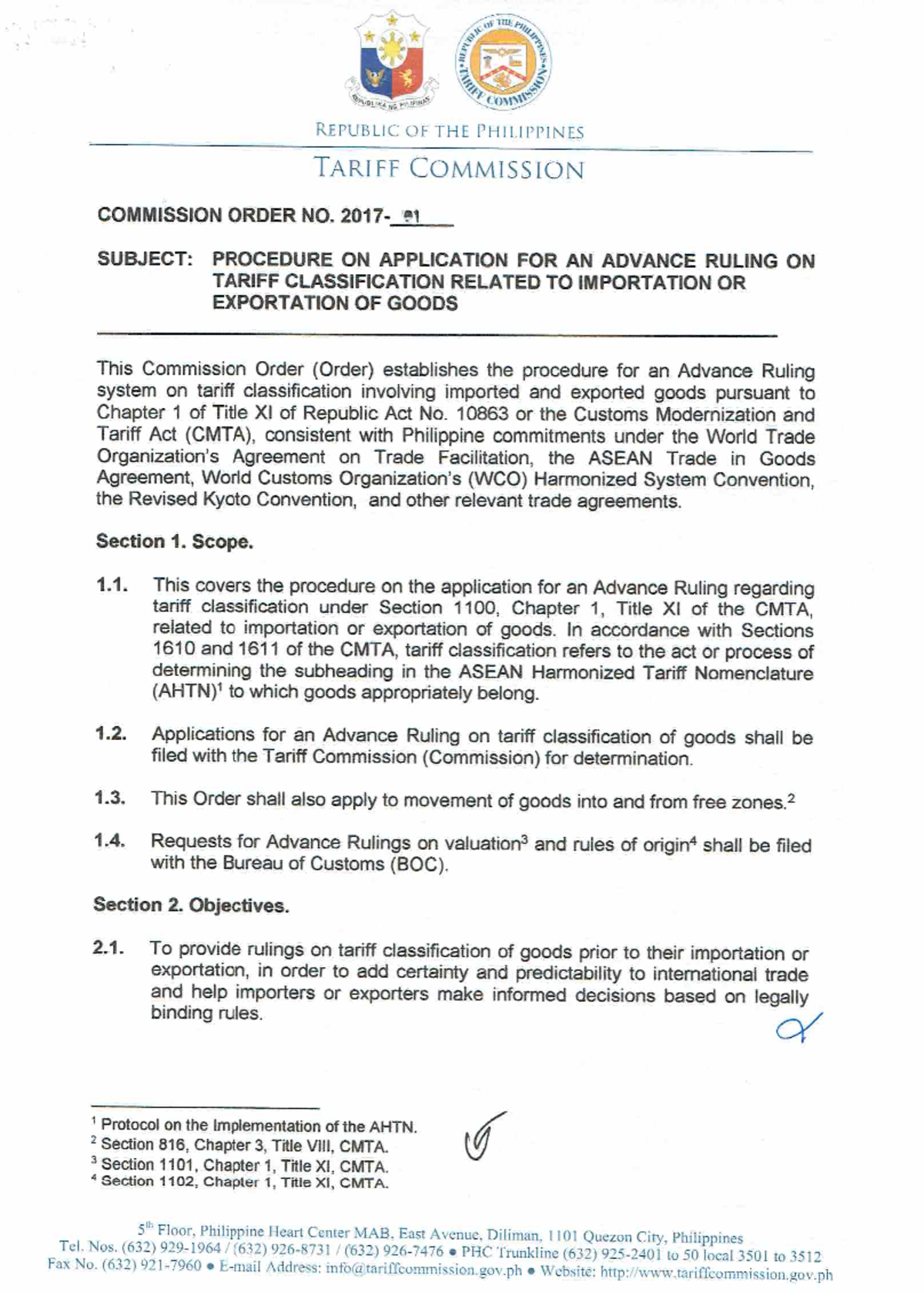Commission Order 2017-1: Procedure for Advance Ruling on Tariff ...