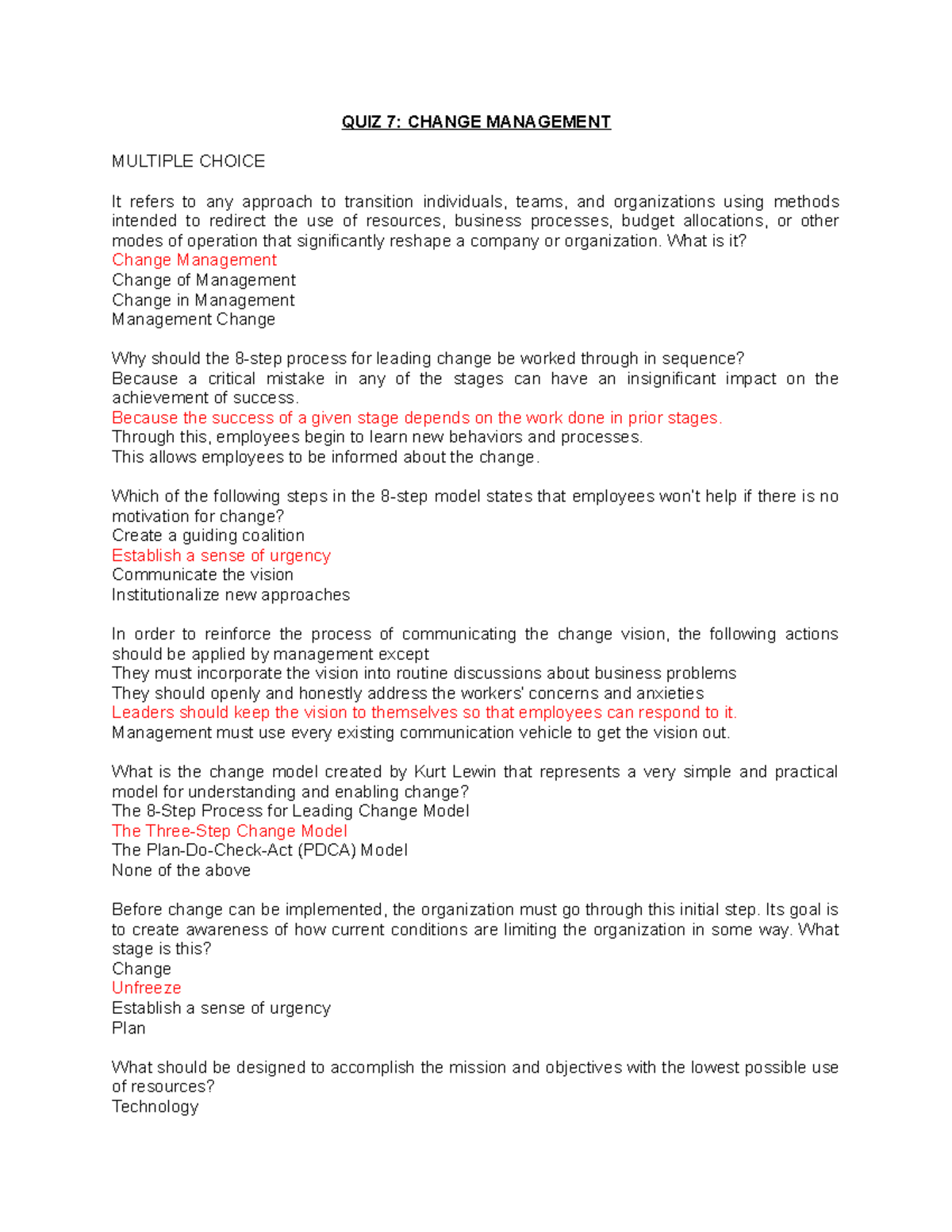 QUIZ 7: CHANGE MANAGEMENT MULTIPLE CHOICE QUESTIONS - Studocu