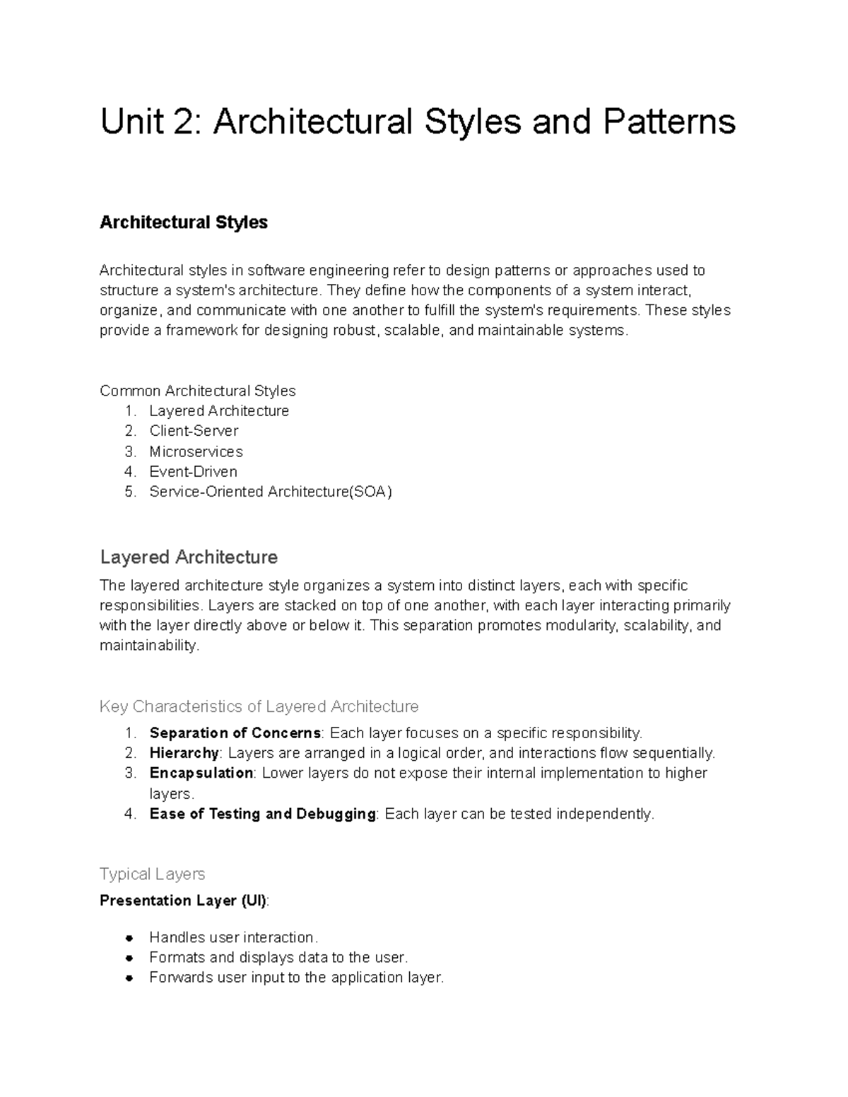 Unit 2: Architectural Styles & Patterns Overview for CS101 - Studocu