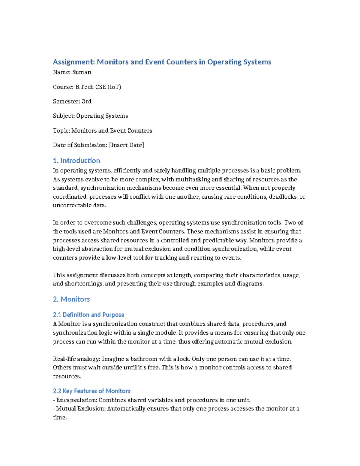 B.Tech CSE (IoT) 3rd Sem: Monitors & Event Counters Assignment - Studocu