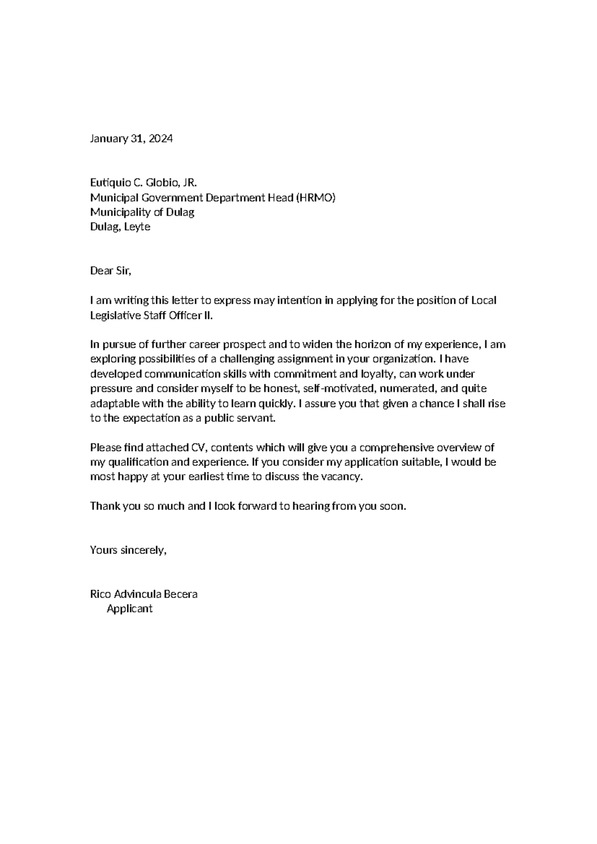 Application Letter for Local Legislative Staff Officer II Position ...