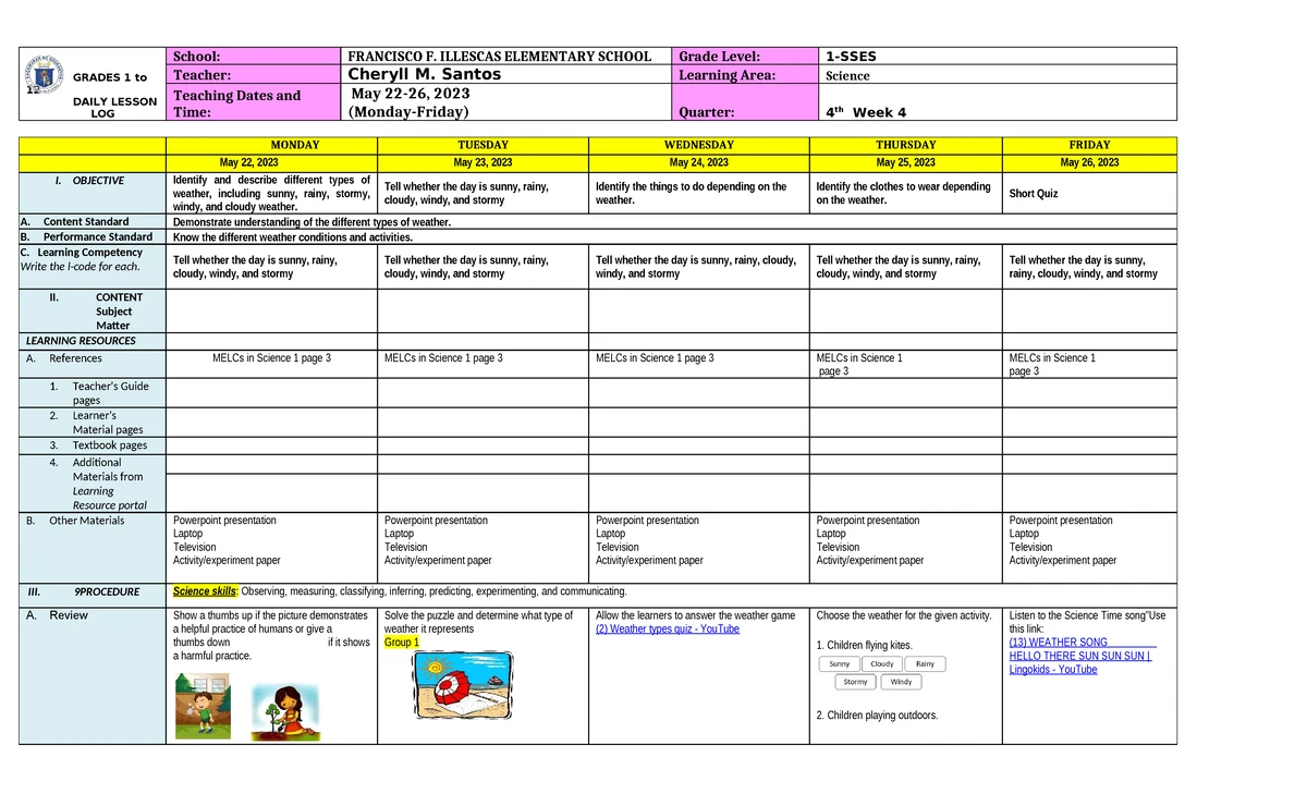 Language DLL WEEK 6 - Lesson Plan for Grade 1 Learning Area - Studocu