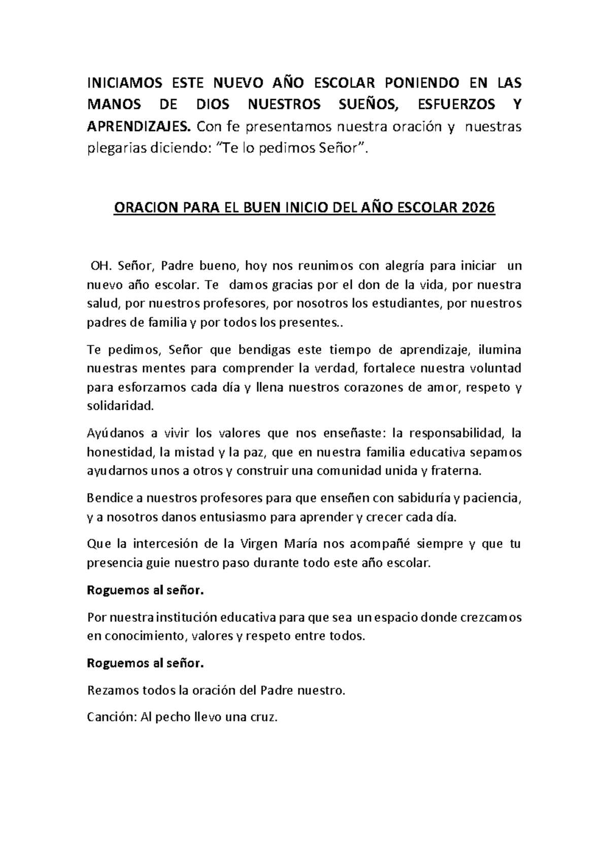 Oración para el Buen Inicio del Año Escolar 2026 - Practicario - Studocu