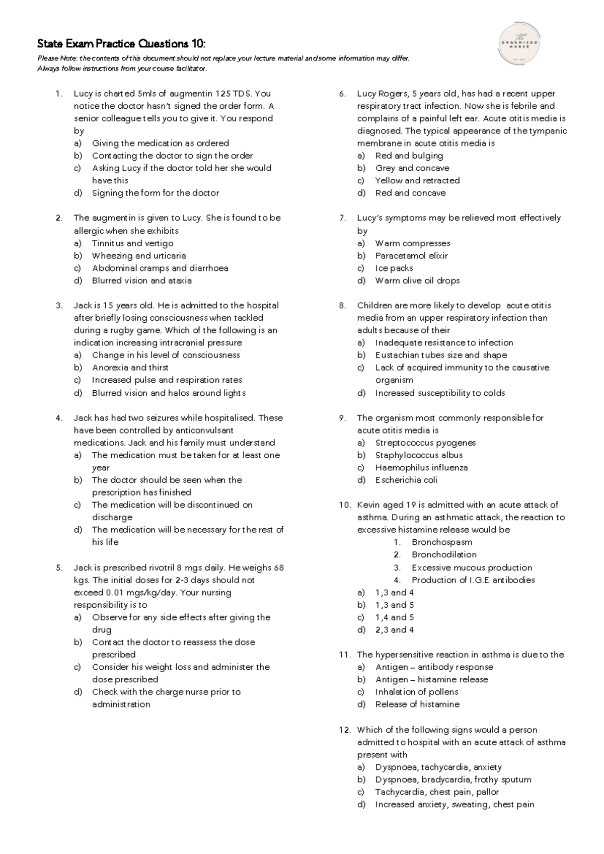 State Exam Practice Questions 10: Nursing & Medical Scenarios - Studocu