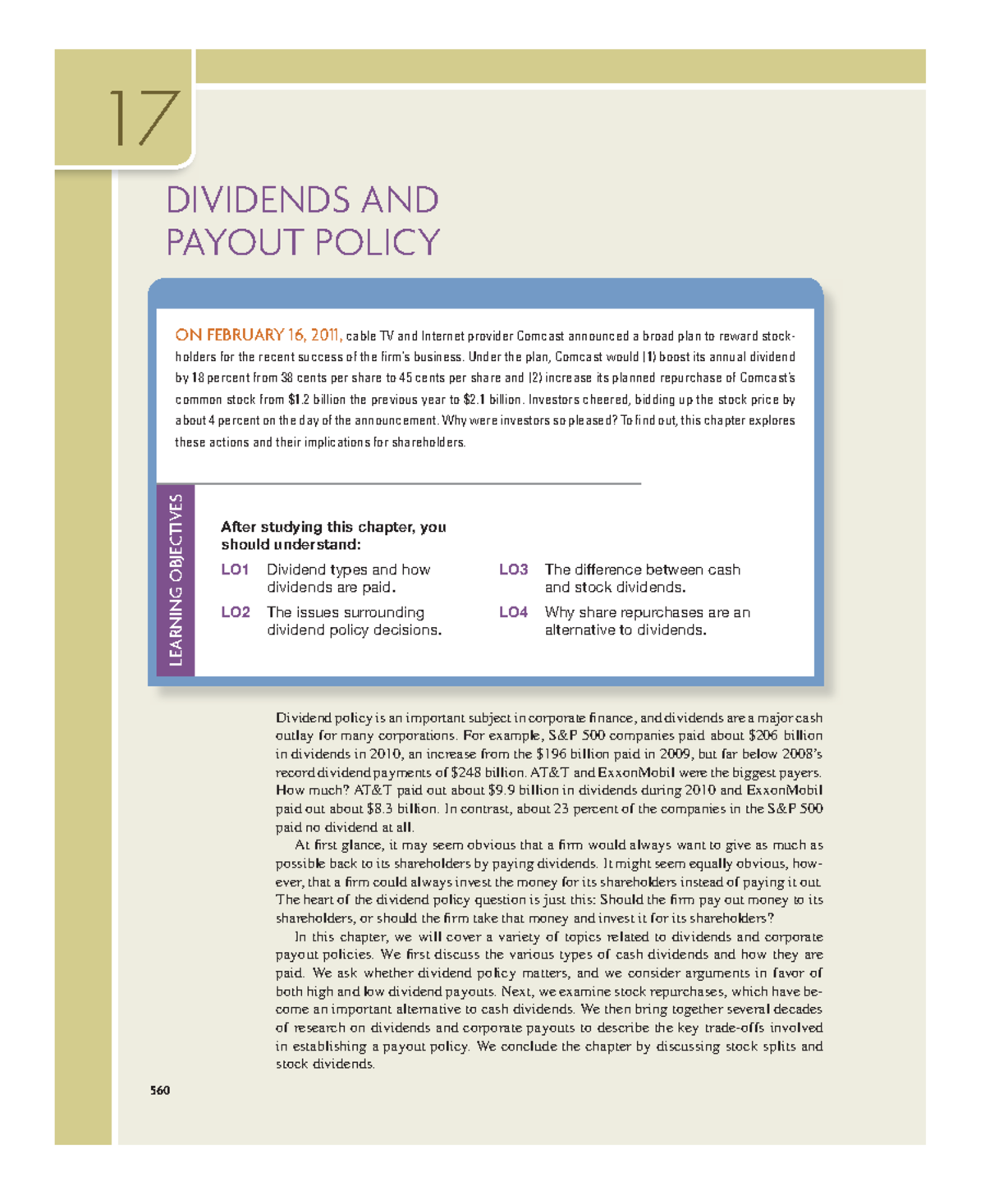 Chp 17 - dividen and payout policy - 560 Dividend policy is an ...